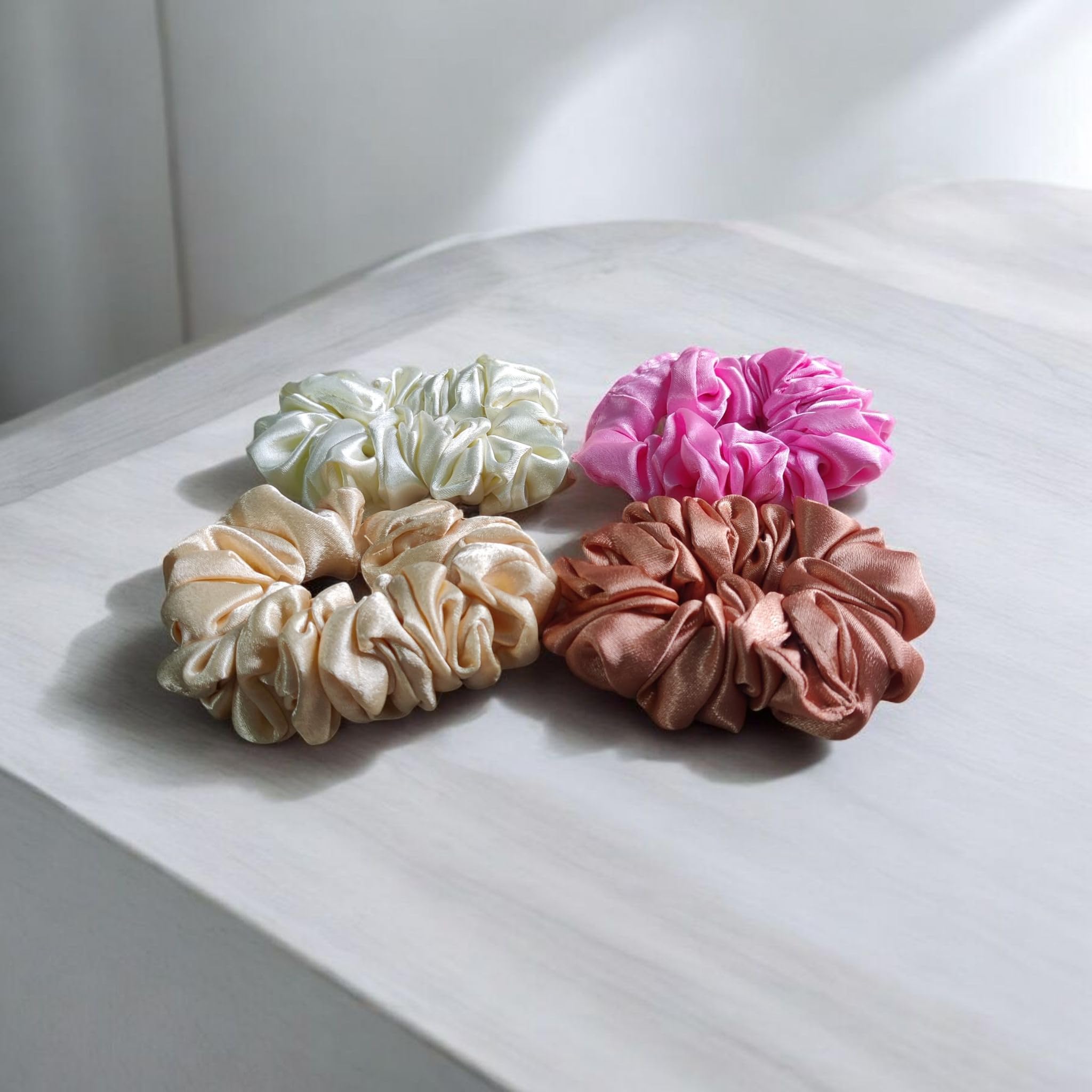 Bhajanlal Greenery Fabric Chiffon Flower Scrunchies - 4 Piece Set of Multicolor Hair Ties for Women | Soft Ponytail Holders, Hair Accessories for Daily Use, Work, Gym & Special Occasions