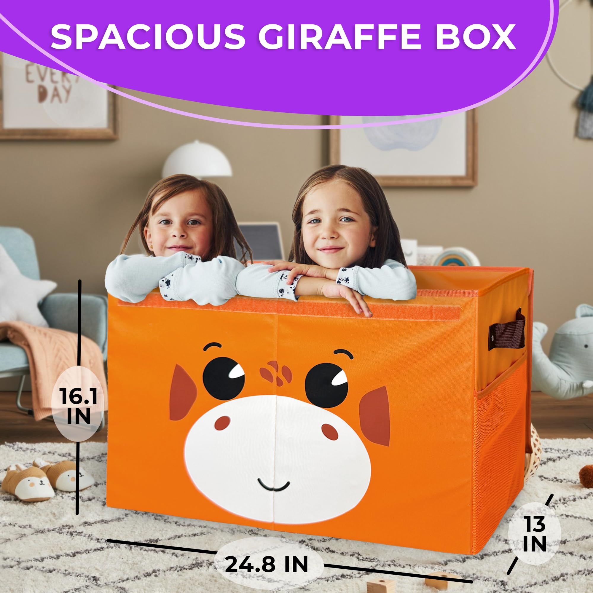 QUOKKA Large Giraffe Toy Storage Box for Kids - 24.8x16.1x13 Inch Foldable Fabric Toy Organizer with Collapsible Handles & Flip Top Lid - Playroom, Nursery, Bedroom Organization Solution for Boys and Girls - Perfect for Stuffed Animals, Legos & Kids Toys