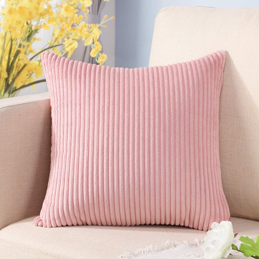 Artscope Cozy Striped Corduroy Pillow Covers 18x18 Inches - Super Soft Decorative Square Throw Pillow Cases for Sofa, Couch, Bedroom & Car - Pink Home Decor for Living Room, Nursery & Office