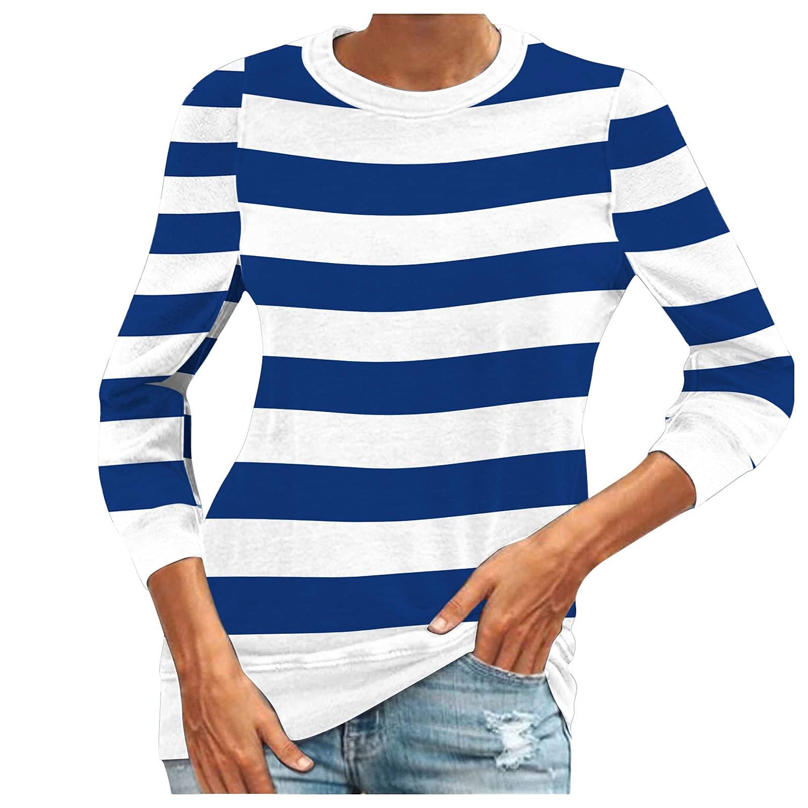 Crown Series Women's Casual Long Sleeve Round Neck Striped Print Blouse - Loose Fit T-Shirt for Everyday Wear, Office & Weekend Outfits