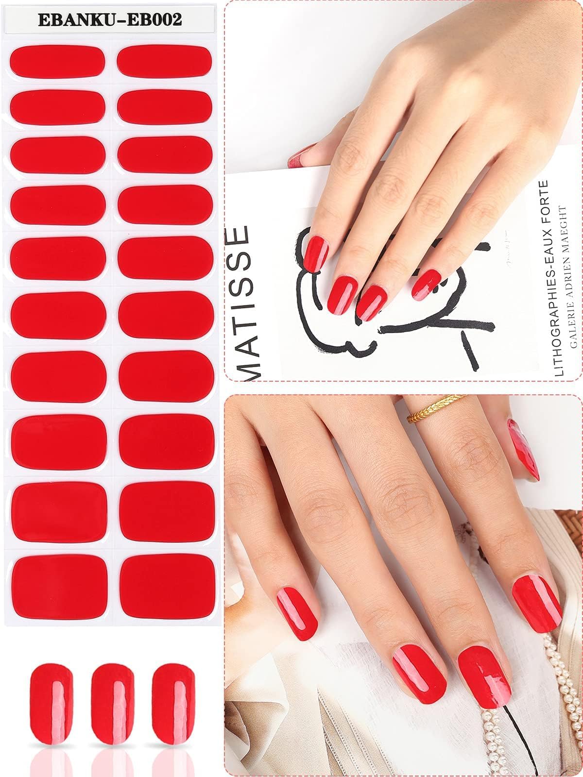 EBANKU Red Cured Gel Nail Strips - Long Lasting Waterproof Nail Polish Wraps with Nail File & Stick (UV/LED Lamp Required) - Perfect for Salon, Home Manicure, Parties & Special Occasions
