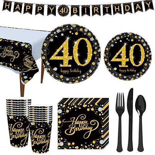 40th Birthday Party Supplies Set - Black and Gold Theme for 16 Guests - Disposable Tableware Kit Includes 40 Years Gold Paper Plates, 12 oz Cups, Banner, Napkins, Tablecloth, Cutlery (Spoons, Forks, Knives) - Perfect for Milestone Celebrations, Anniversaries & Retirement Parties