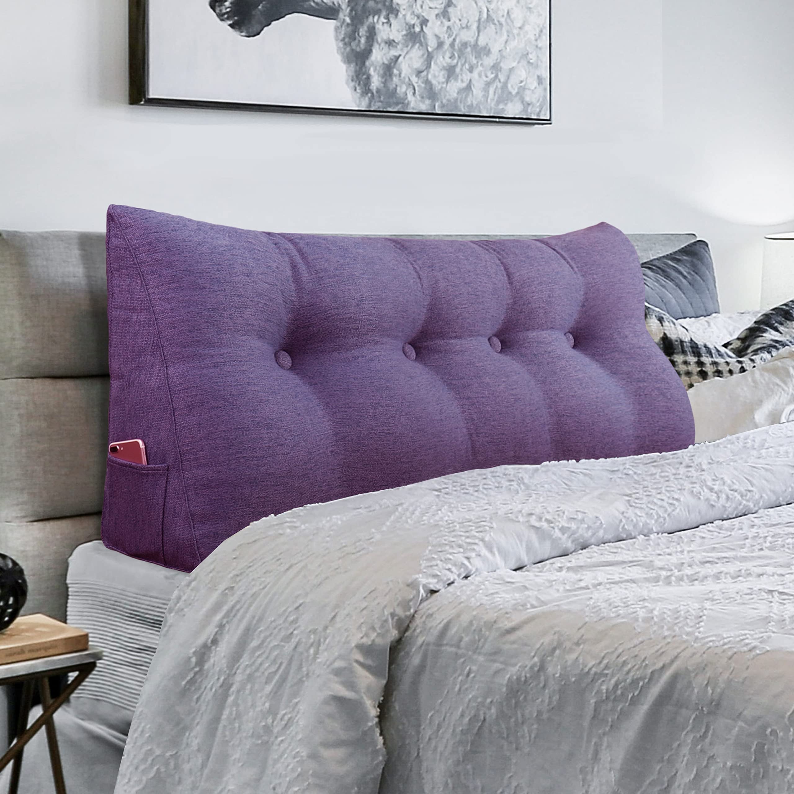 Triangular Headboard Wedge Pillow - Upholstered Linen Back Cushion for Daybeds, Reading & Lumbar Support - Light Purple Full Size | Perfect for Bed Rest, Gap Filling & Back Positioning