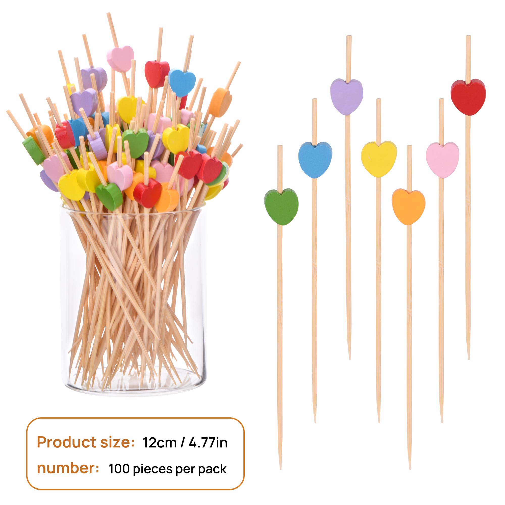 Heart-Shaped Bamboo Toothpicks 100 Pack - Natural Appetizer Picks for Fruit, Cake & BBQ Parties (Pink)