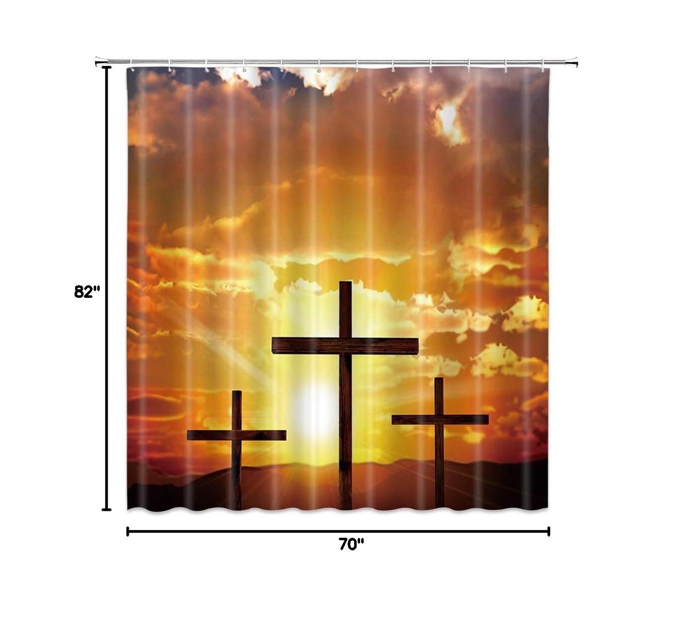 Japanese Scenery Shower Curtain - Cross & Sun Design, Polyester Fabric for Bathroom Decor, 70x82 Inch with Hooks