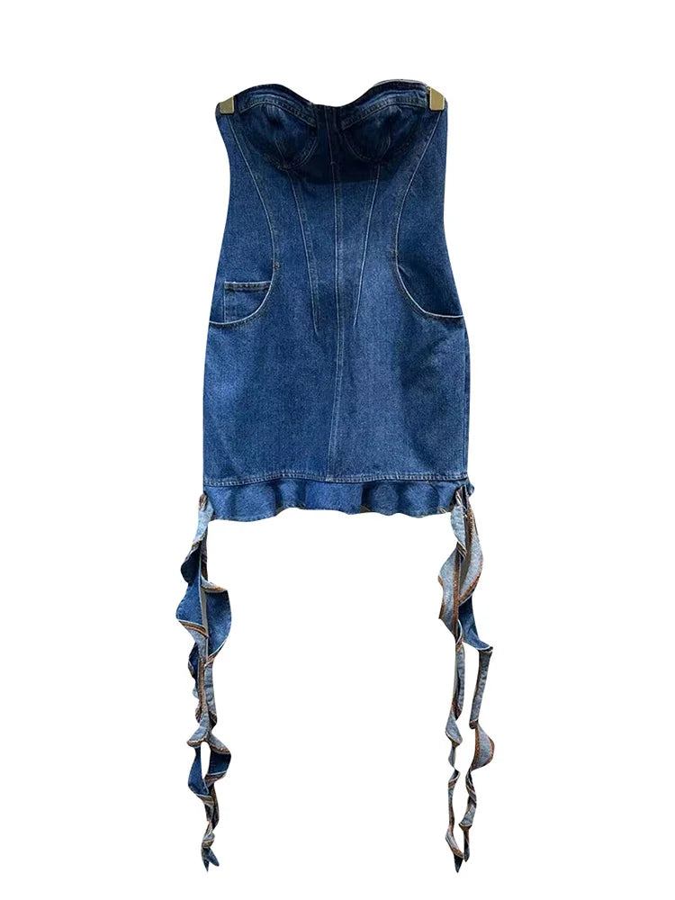 Trendy Strapless Denim Dress for Women with Waist Pocket & Spiral Decoration - Back Zipper Spring Fashion | Casual Outing, Date Night, Summer Party Wear