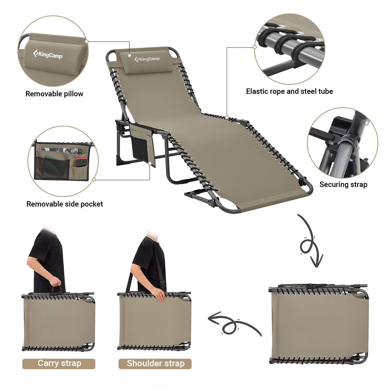 KingCamp 2-Pack Folding Lounge Chairs with Adjustable 5-Position Recline & Pillow - Portable Outdoor Chaise for Beach, Pool, Patio, Lawn, Camping & Sunbathing - Beige Comfortable Relaxation Chairs