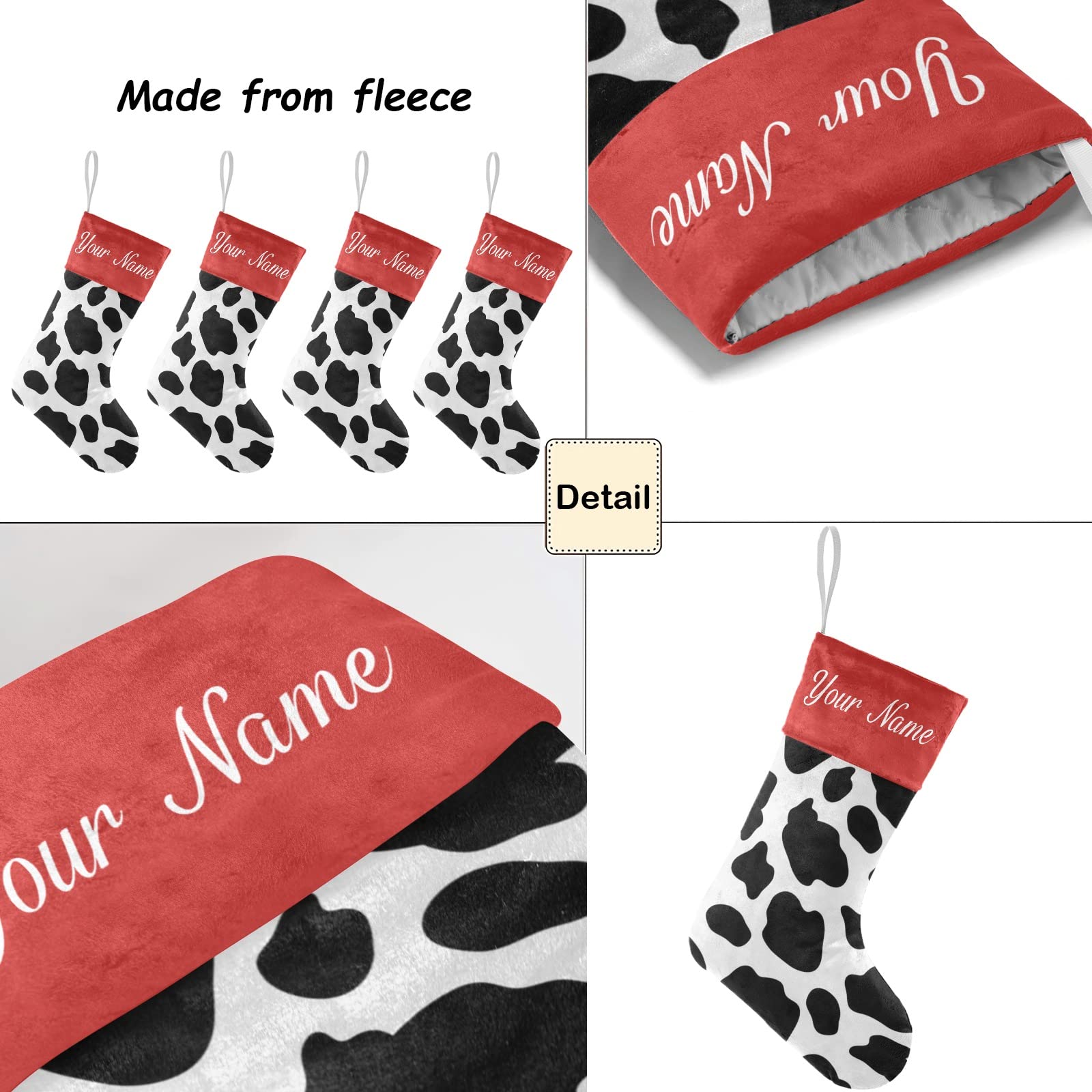 Personalized Cow Print Christmas Stockings - Black & White Custom Name Holiday Stocking Socks for Family, Party & Home Decor (17.52 x 7.87 Inch) - Perfect for Fireplace Mantel, Gift Exchange & Festive Holiday Celebrations
