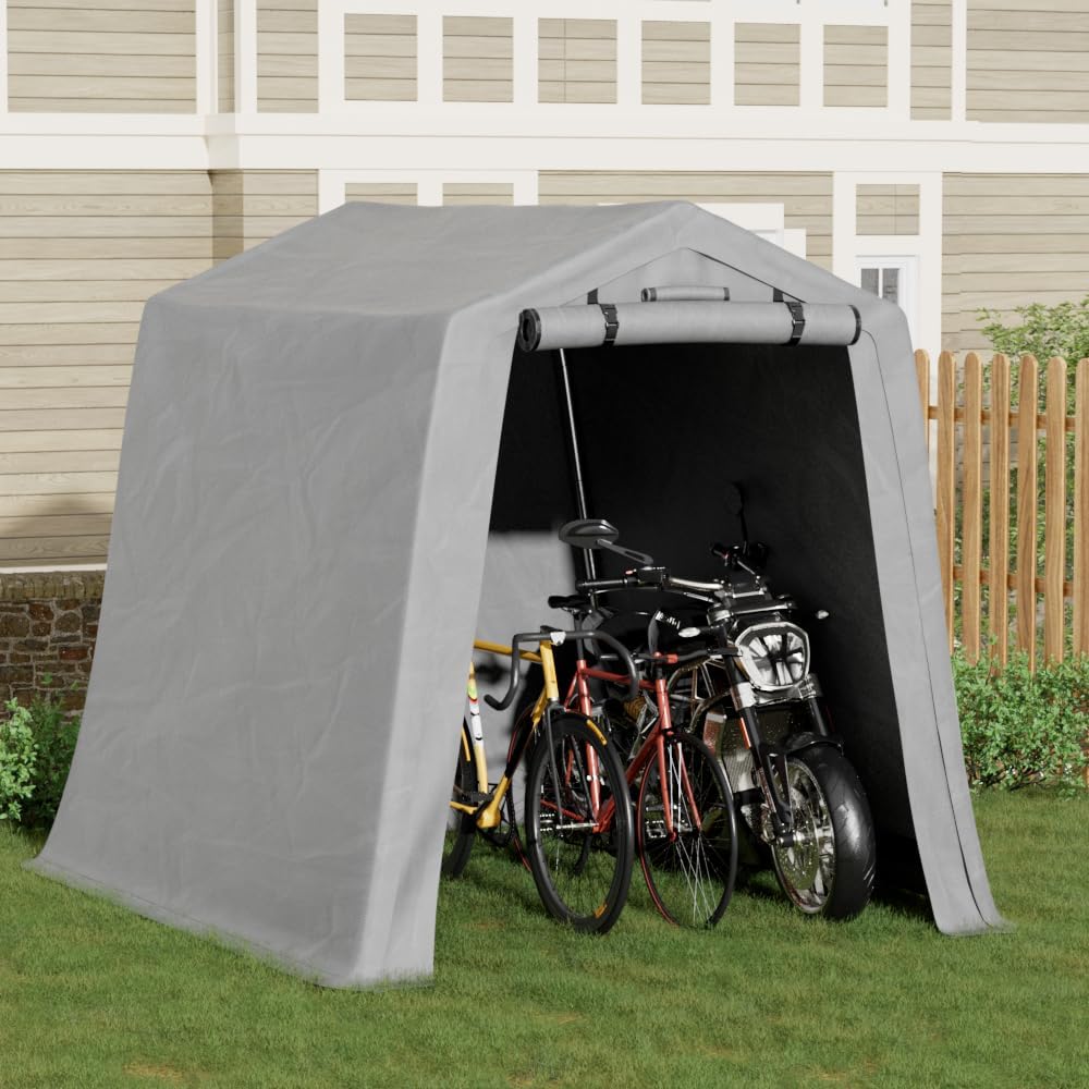 Greesum 6x6 ft Heavy Duty Waterproof Outdoor Storage Shed Canopy - Portable Shelter with Roll-up Zipper Door for Bike, Motorcycle, Garden Tools & Equipment - UV Resistant Gray Carport for Patio, Backyard & Camping Use