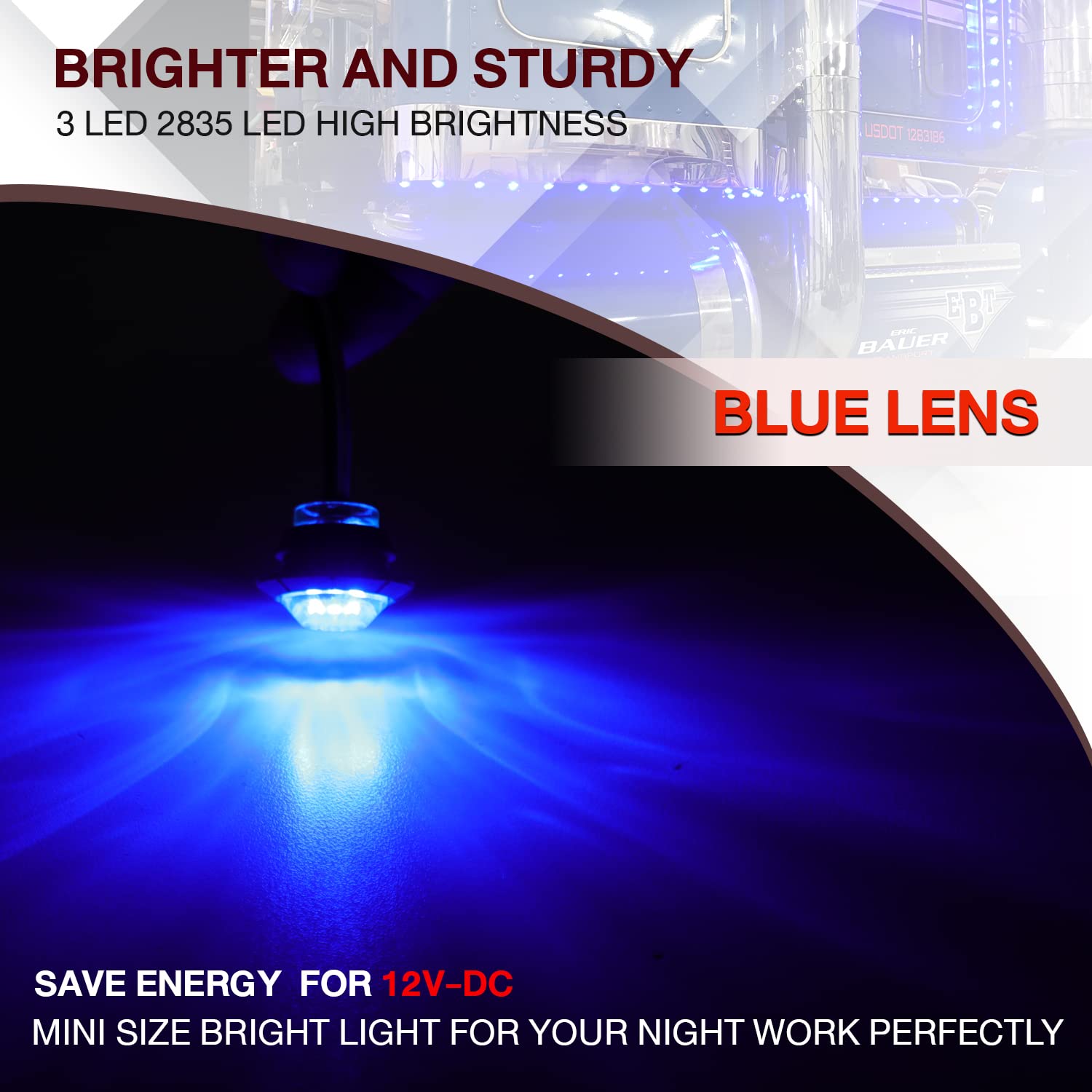 50 Pcs 3/4 Inch Round Blue LED Side Marker Lights with Grommet - 12V DC Flush Mount 3-LED for Truck, Trailer, Pickup & Van - Perfect for Night Driving & Vehicle Safety Lighting