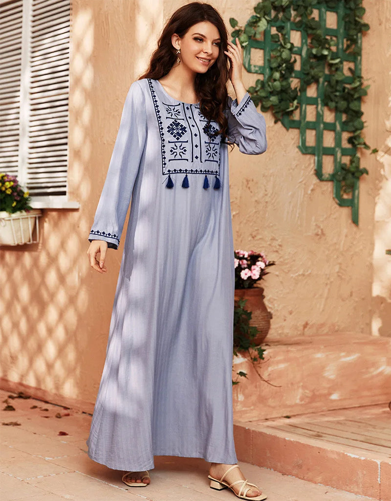 Blossom in Grey Embroidered Abaya Robe - Elegant Muslim Dress for Women - Perfect for Daily Wear, Prayer & Special Occasions