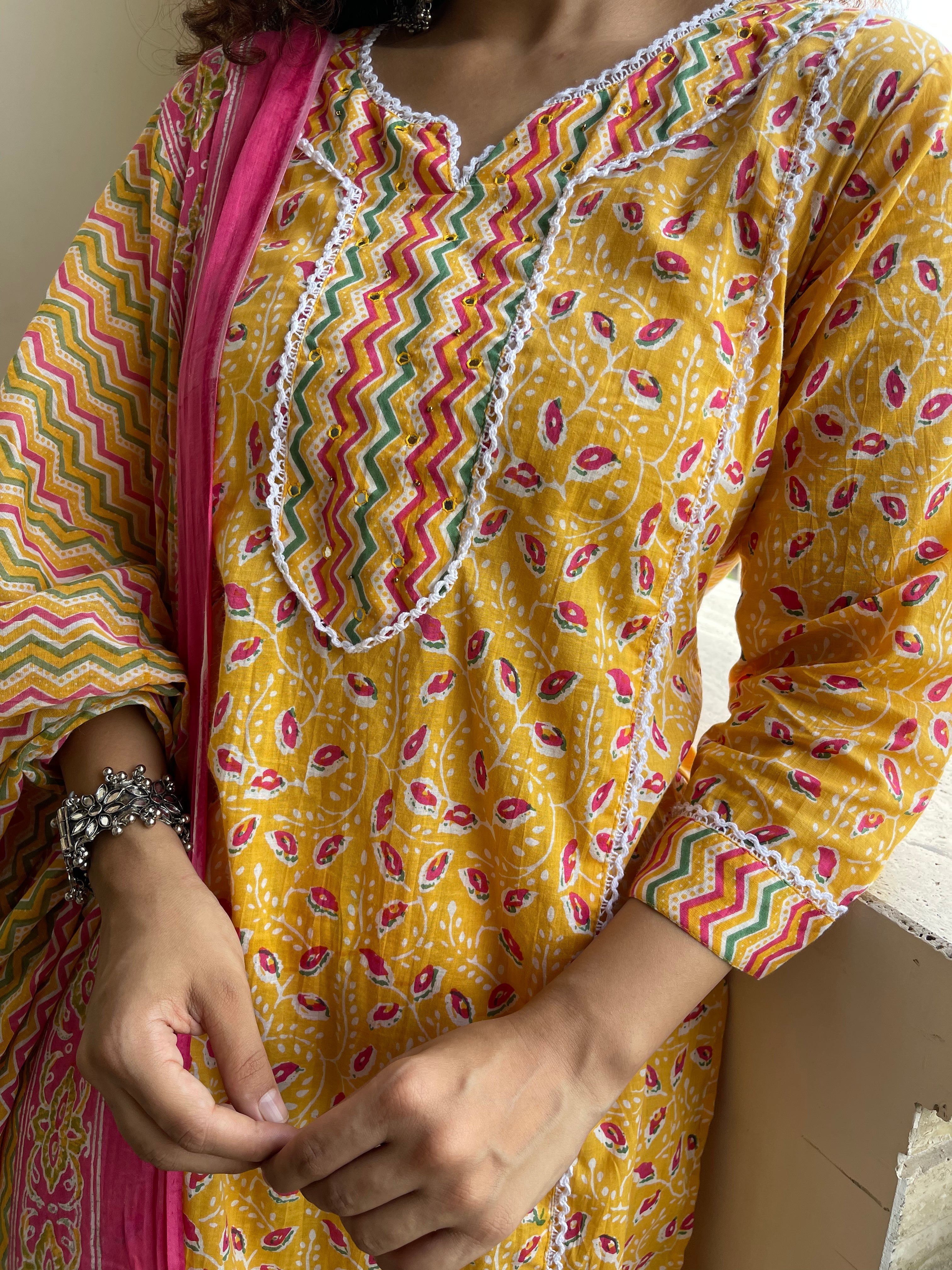 Elegant Yellow Dupatta Suit Set with Floral Motifs - Perfect for Weddings, Festivals & Special Occasions