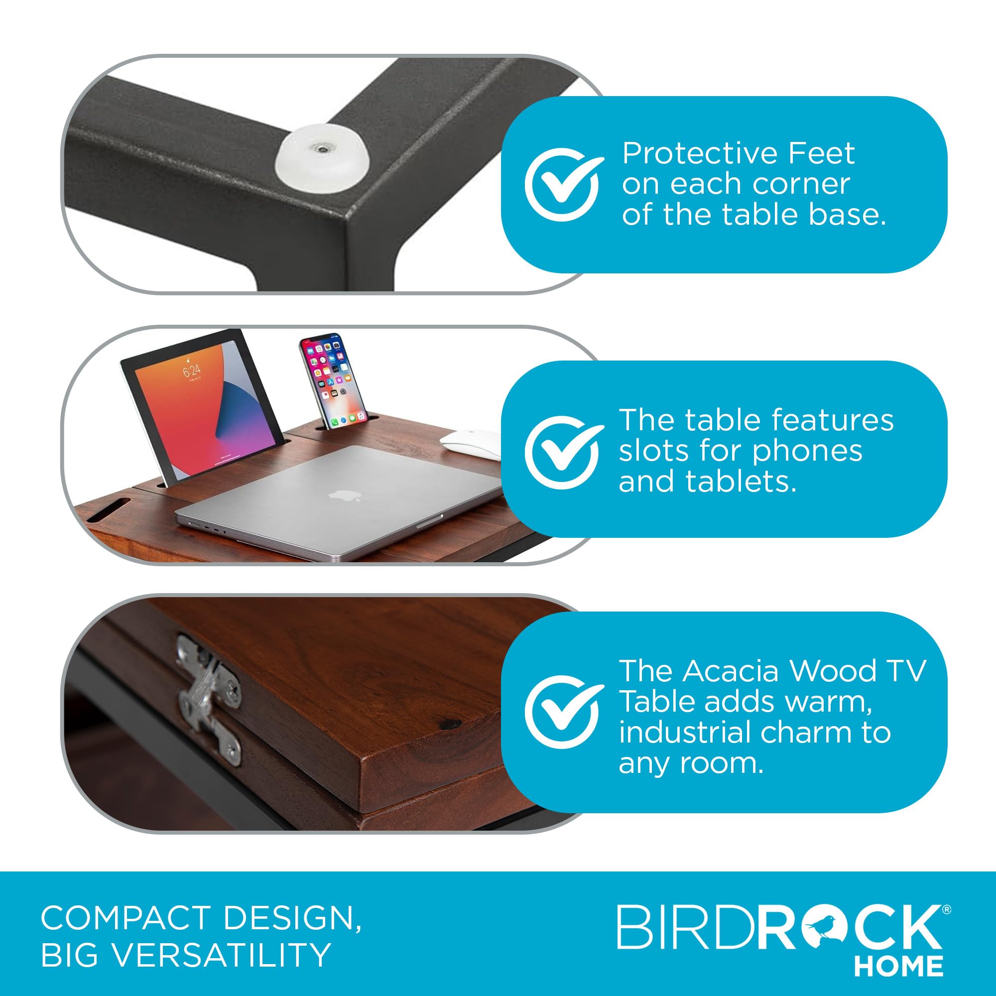 BIRDROCK HOME Acacia Wood Expandable C-Shaped Side Table with Phone & Tablet Holder - Laptop TV Tray Desk for Couch, Bed & Sofa - Snack End Table for Living Room & Office - Perfect for Reading, Working & Relaxing