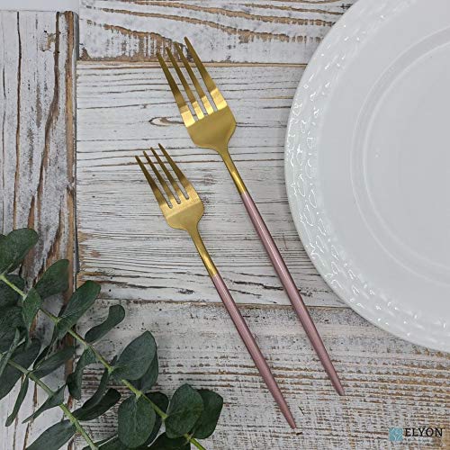 Elyon Lea 20-Piece Matte Gold and Pink Flatware Set - 18/10 Stainless Steel Silverware with Pink Thin Handles & Gold Finish Cutlery - Service for 4 - Perfect for Dinner Parties, Weddings, and Elegant Home Dining