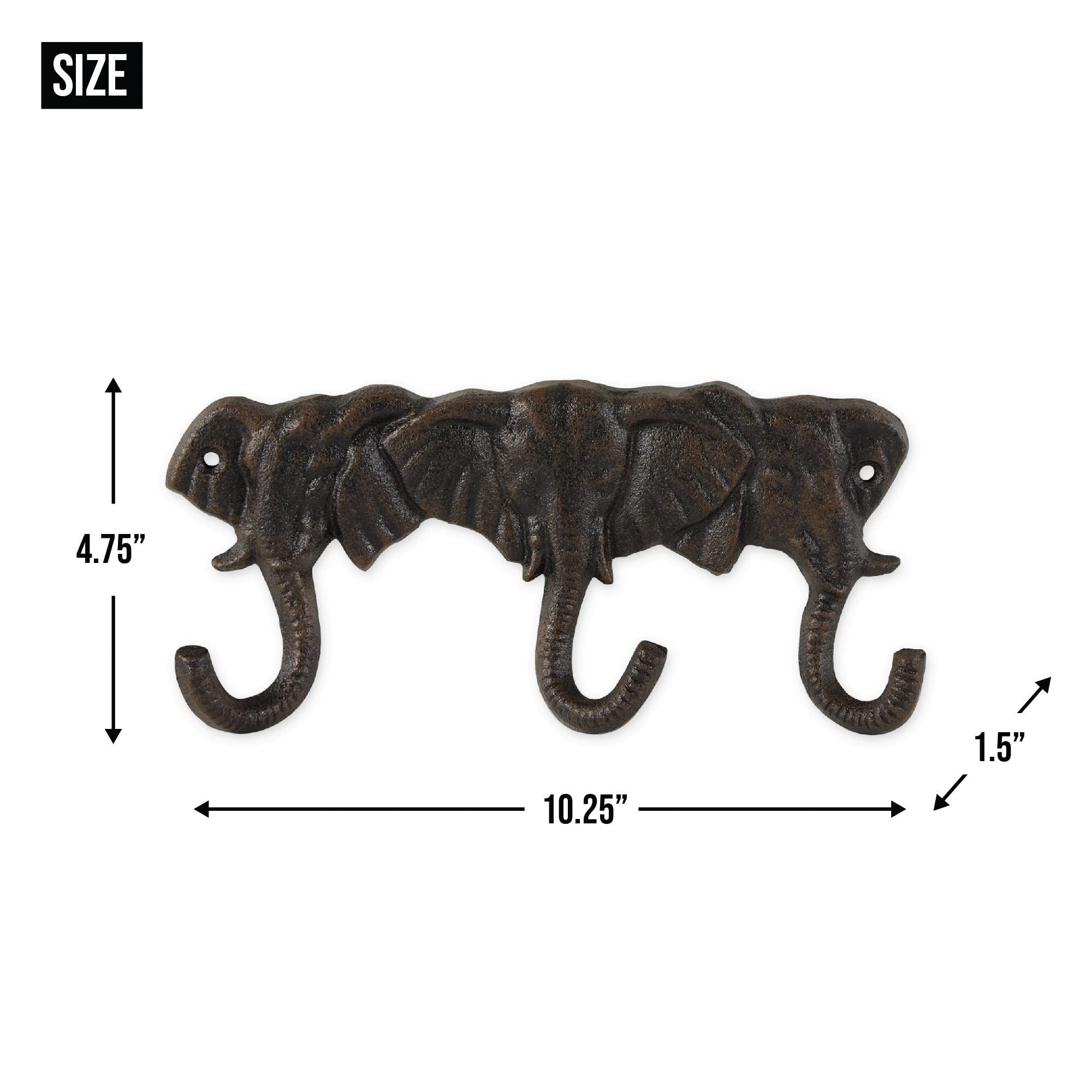 DII Decorative Cast Iron Wall Hook Set - Triple Elephant Design for Keys, Coats & Hats - Rustic Home & Entryway Organizer