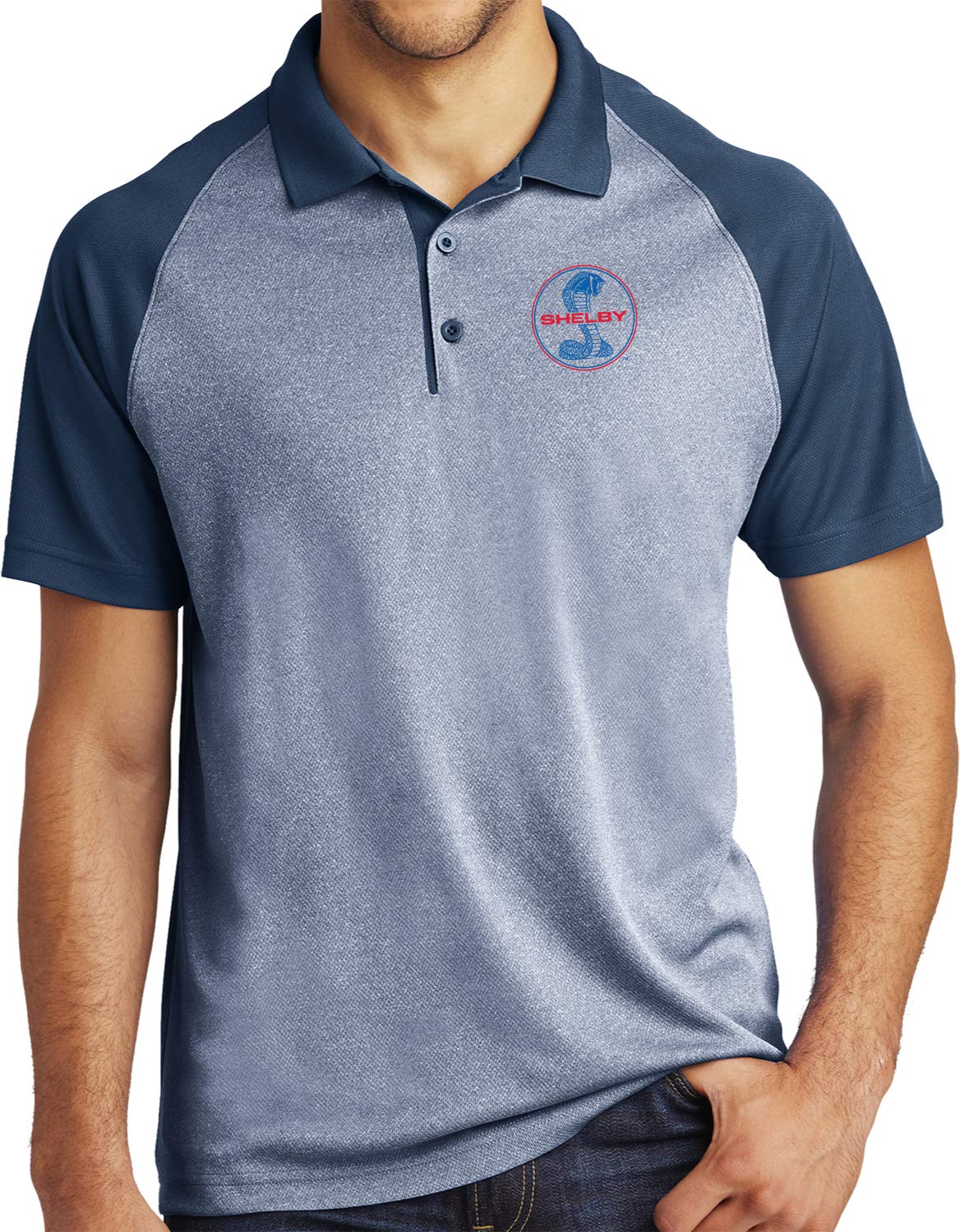 Ford Mustang Shelby Blue and Red Raglan Polo Shirt - Men's Classic Car Enthusiast Apparel - Perfect for Car Shows, Racing Events & Casual Wear
