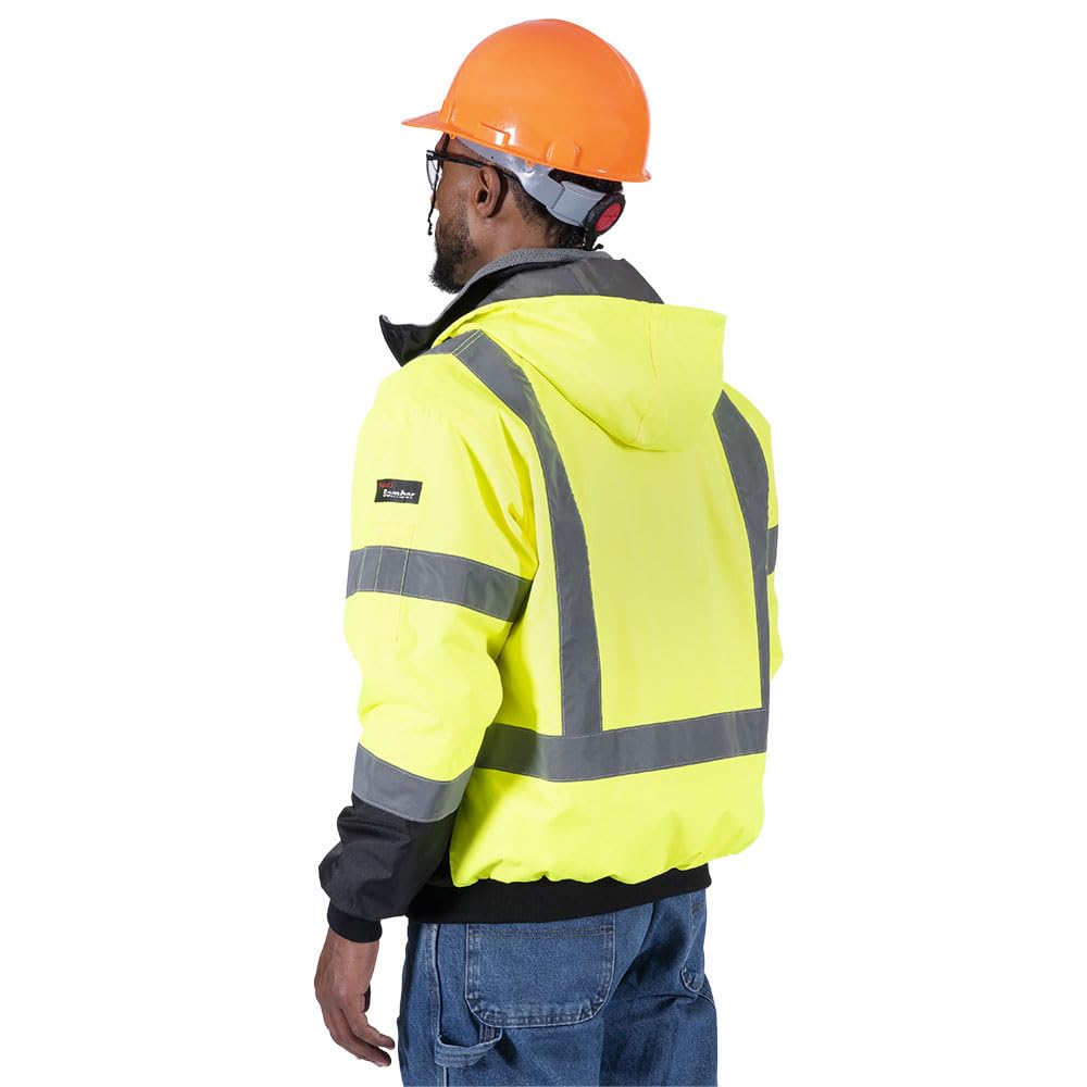 Pioneer Class 3 Hi-Vis Waterproof Heated Safety Jacket for Men - Winter Reflective Bomber Jacket with Detachable Hood - Ideal for Construction, Road Work & Outdoor Winter Activities