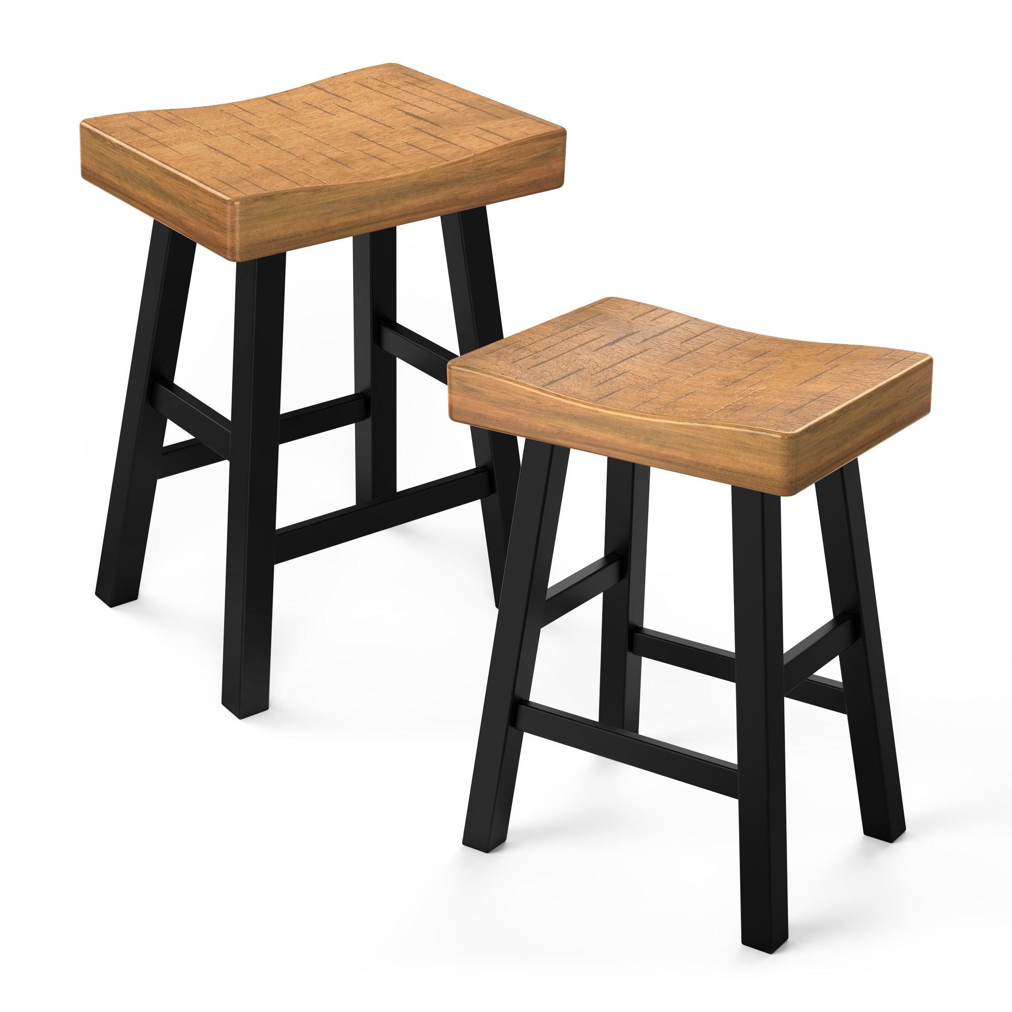 Set of 2 Farmhouse Solid Wood Bar Stools - Backless Saddle Seat Counter Height Chairs for Kitchen Island, Breakfast Nook & Home Office - Perfect for Rustic Decor, Dining & Small Space Living