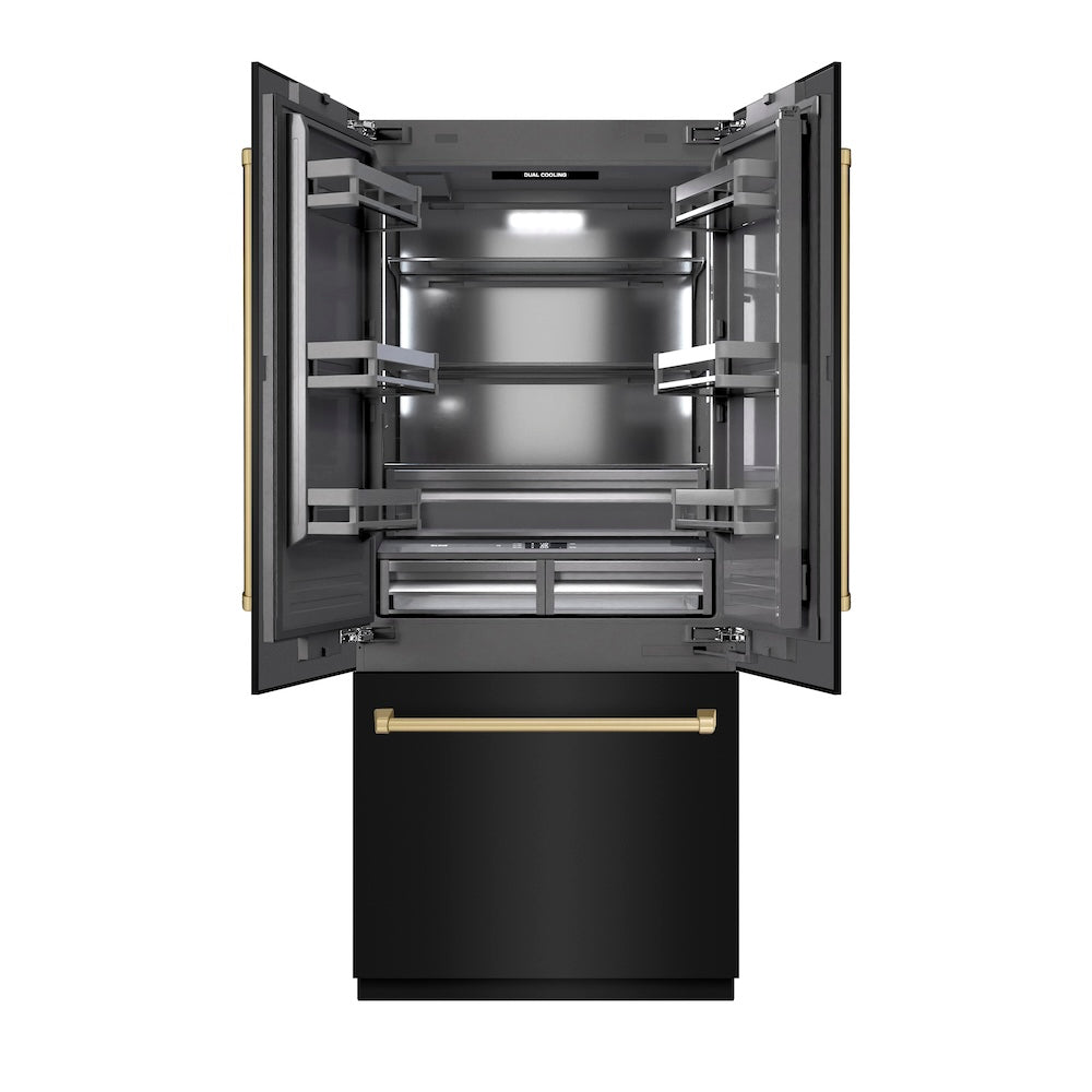 ZLINE Autograph Edition 36 Inch French Door Built-In Bottom Freezer Refrigerator - 19.6 cu.ft Capacity, Black Stainless Steel with Graphite Gray Interior & Champagne Bronze Accents - Water Dispenser & Ice Maker Included - Perfect for Modern Kitchens & Open-Concept Homes