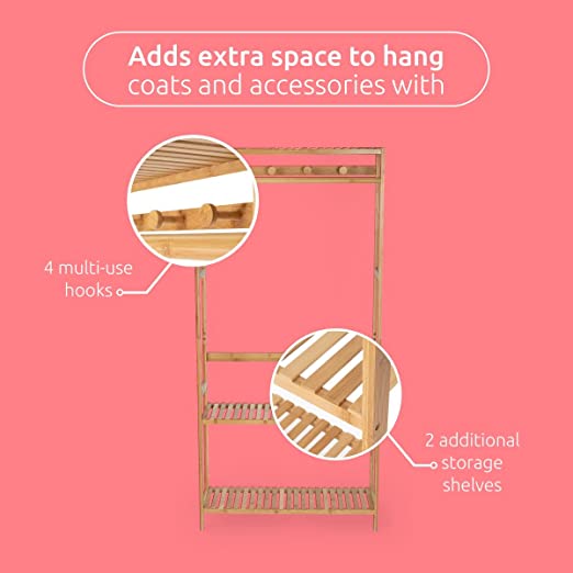 Bamboo Nara Multi-Functional Clothes Rack - Space Saving Wardrobe Organizer for Bedroom, Closet & Laundry Room - Perfect for Hanging Clothes, Towels & Accessories