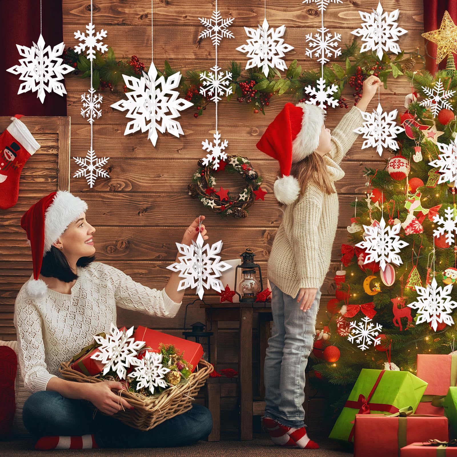 30pcs 3D Hanging Snowflake Decorations - Large Paper Snowflake Garland for Christmas Tree & Winter Wonderland Party Decor - Indoor Home Holiday Decorations for White Christmas, New Year & Winter Weddings