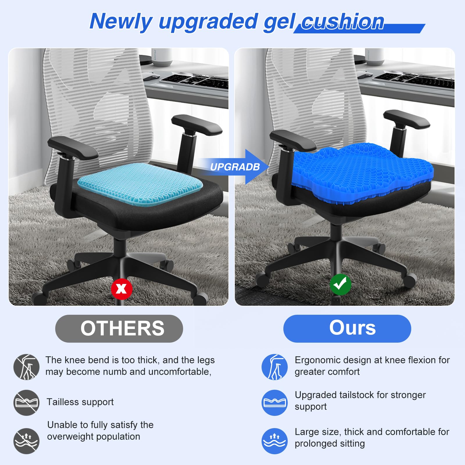 Gel Seat Cushion for Office Chair & Wheelchair - Thickened Orthopedic Support for Back Pain, Sciatica & Tailbone Relief - Comfortable Car, Kayak & Travel Seat Pad for Long Sitting - Perfect for Work, Driving & Outdoor Activities