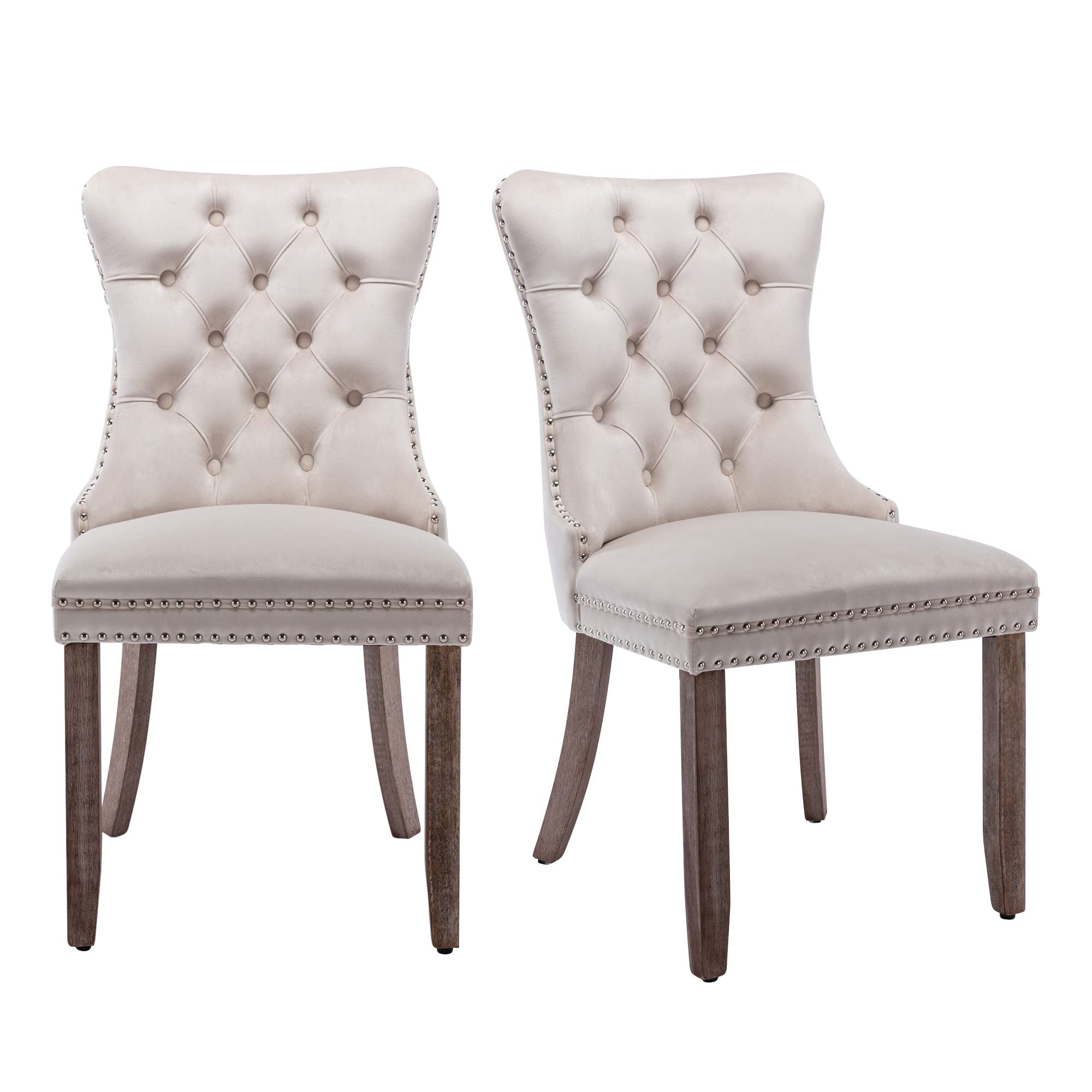 Luxury Velvet Fabric Accent Dining Chairs Set of 2 - Solid Wood Frame with Button Tufted & Nailhead Trim - Beige Modern Living Room Furniture for Dining Room, Bedroom, or Home Office Decor