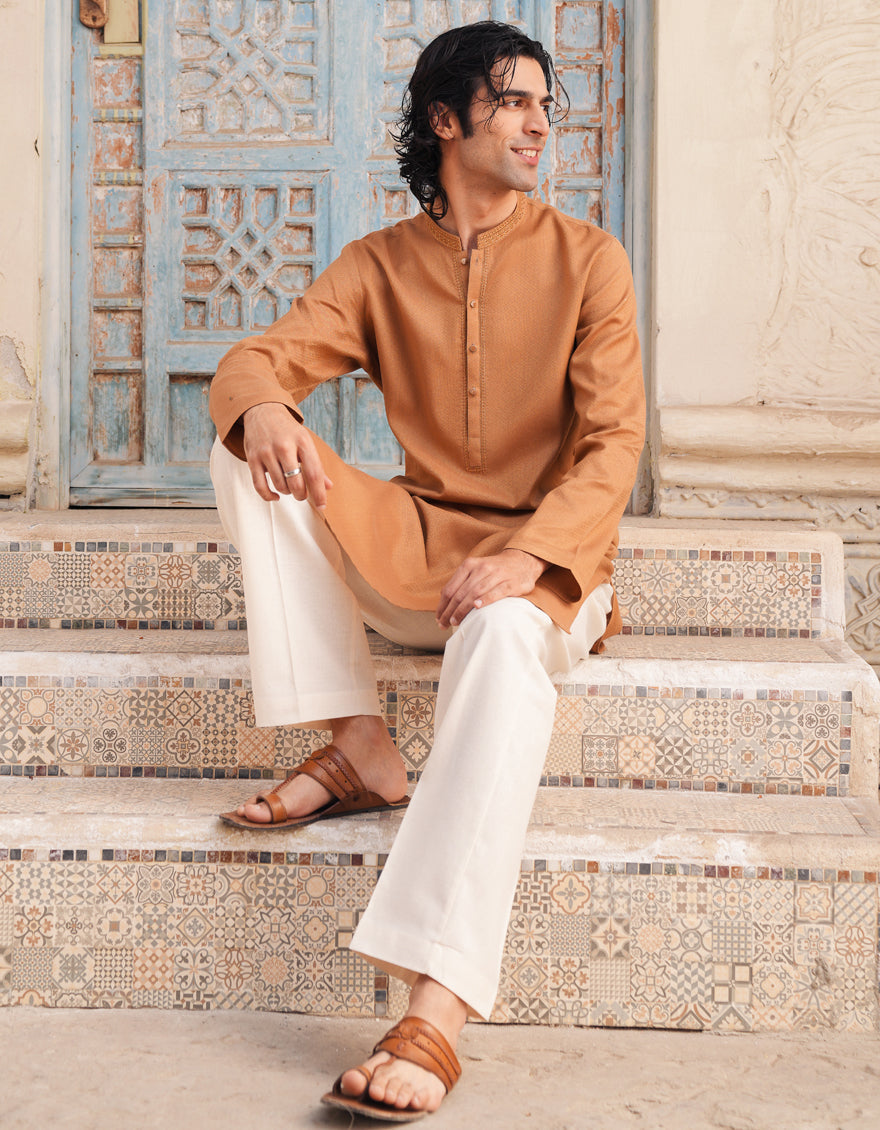 Stylish Cotton Golden Kurta by J. Junaid Jamshed - Elegant Pakistani Traditional Wear for Festivals & Special Occasions