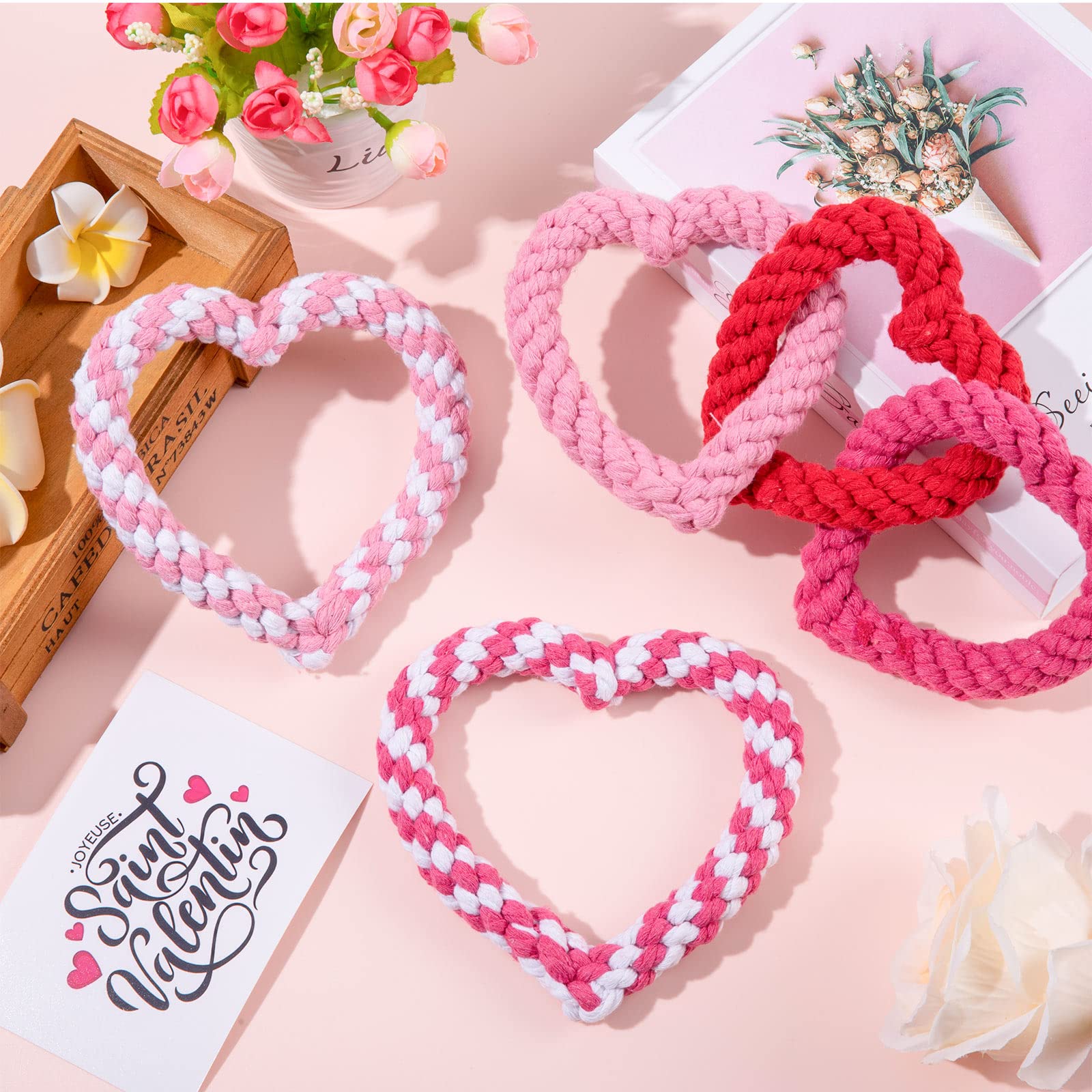 Whaline 3-Piece Valentine's Day Dog Chew Toys - Heart Shaped Rope for Small & Medium Dogs - Red & Pink Puppy Chewing Rope for Teeth Cleaning, Training & Play - Perfect for Valentine's Gifts & Playtime Bonding