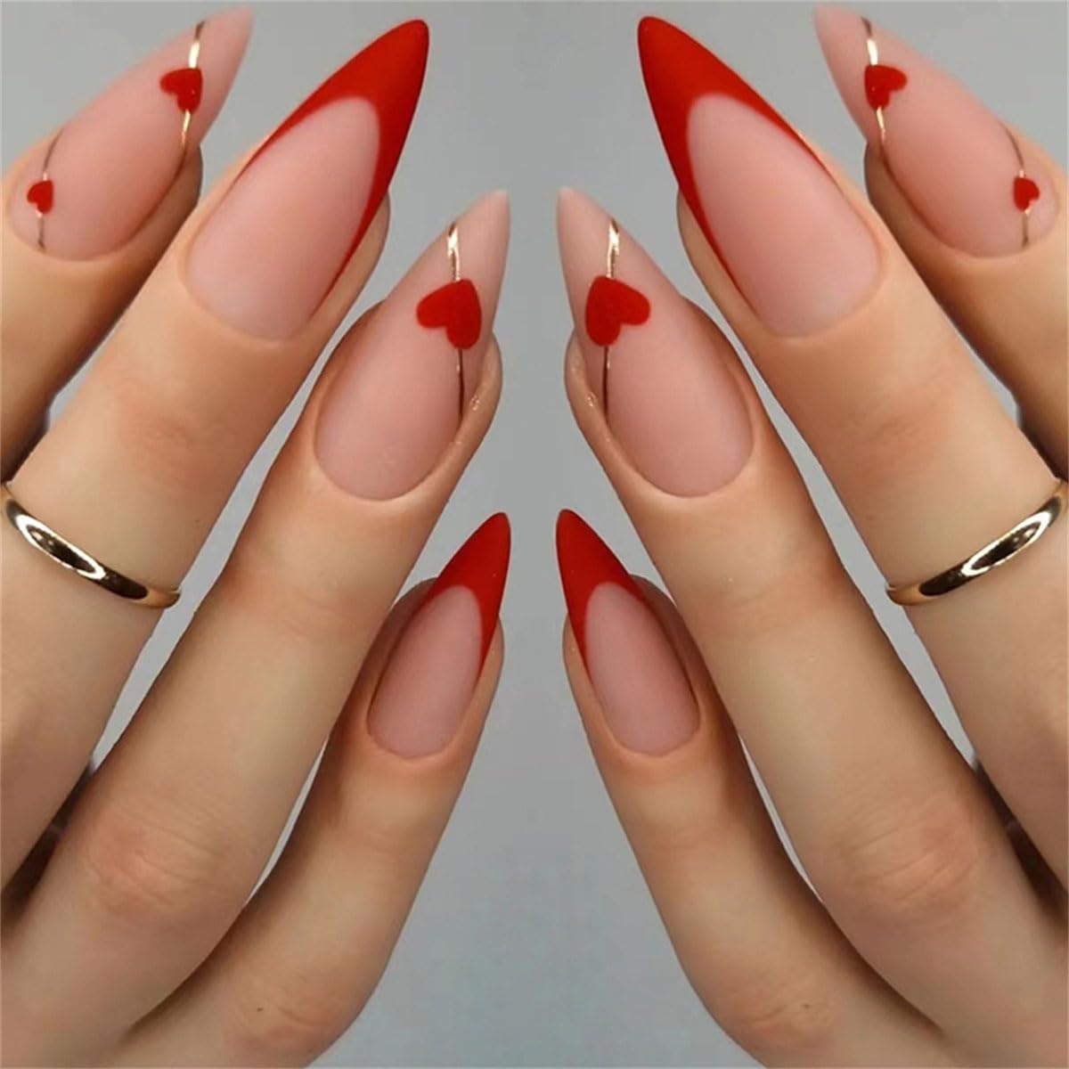 Almond Shaped Press on Nails - French Rose Red Matte Acrylic Fake Nails with Heart Design, 24PCS Full Cover Glue on Artificial Nails for Women & Girls | Perfect for Daily Wear, Parties, Weddings & Special Occasions