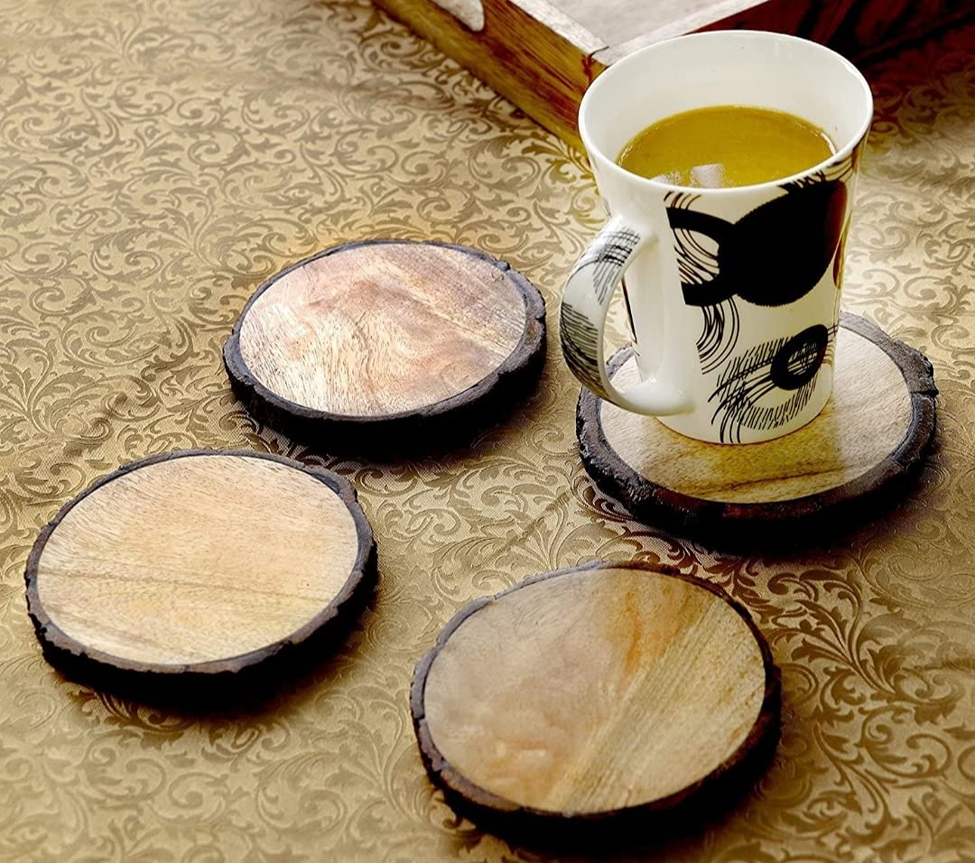 Handcrafted Natural Wood Drink Coasters Set of 4 - Premium Absorbent Protectors for Coffee Cups, Wine Glasses & Beverages - Perfect for Home Bars, Dining Tables & Office Desks