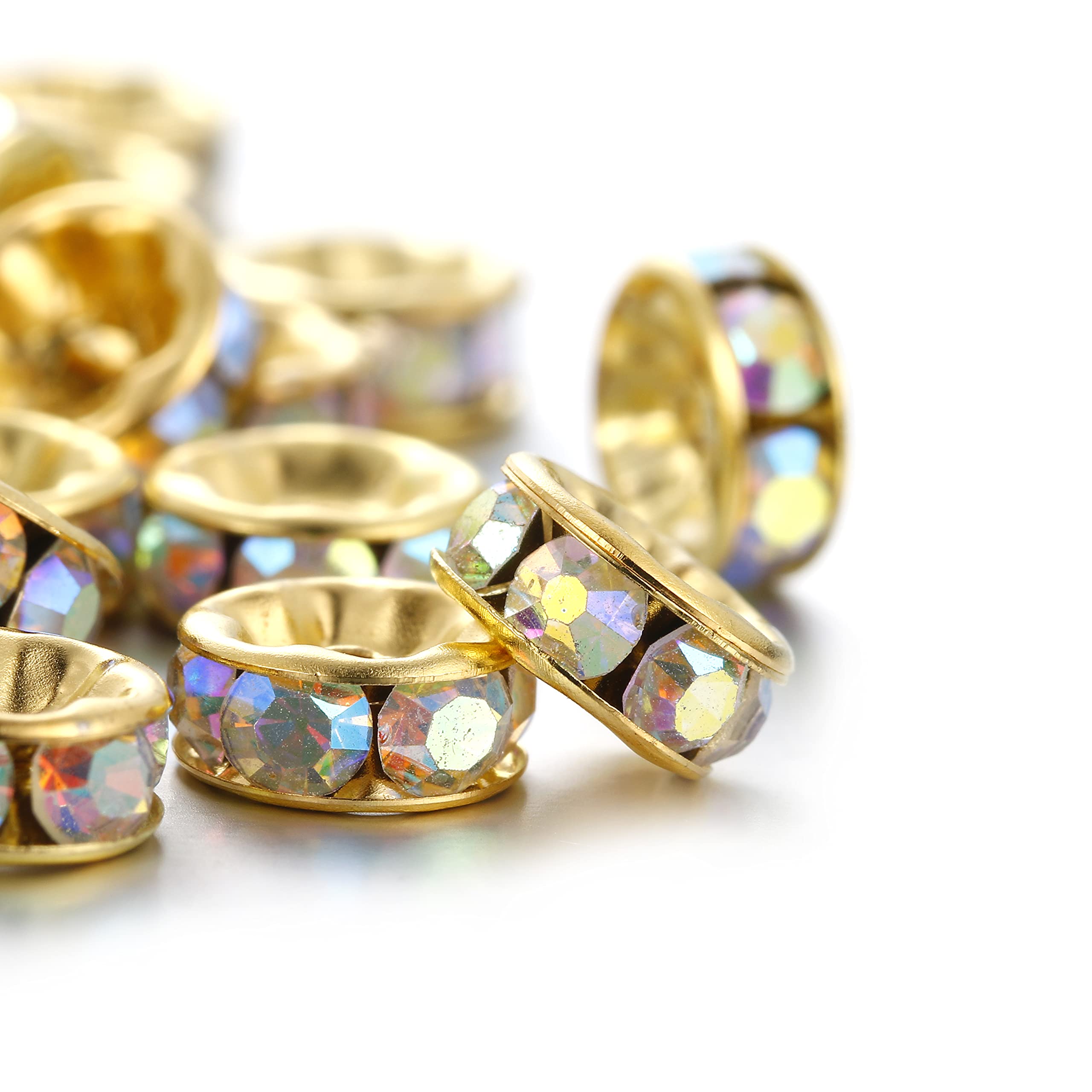 200PCS 8MM Gold Plated Round Rondelle Spacer Beads - Colorful AB Crystal Rhinestone Loose Beads for Jewelry Making, DIY Necklaces, Bracelets, Earrings (AB Crystal-Gold, 8MM) - Perfect for Wedding, Party & Gift Jewelry Crafting