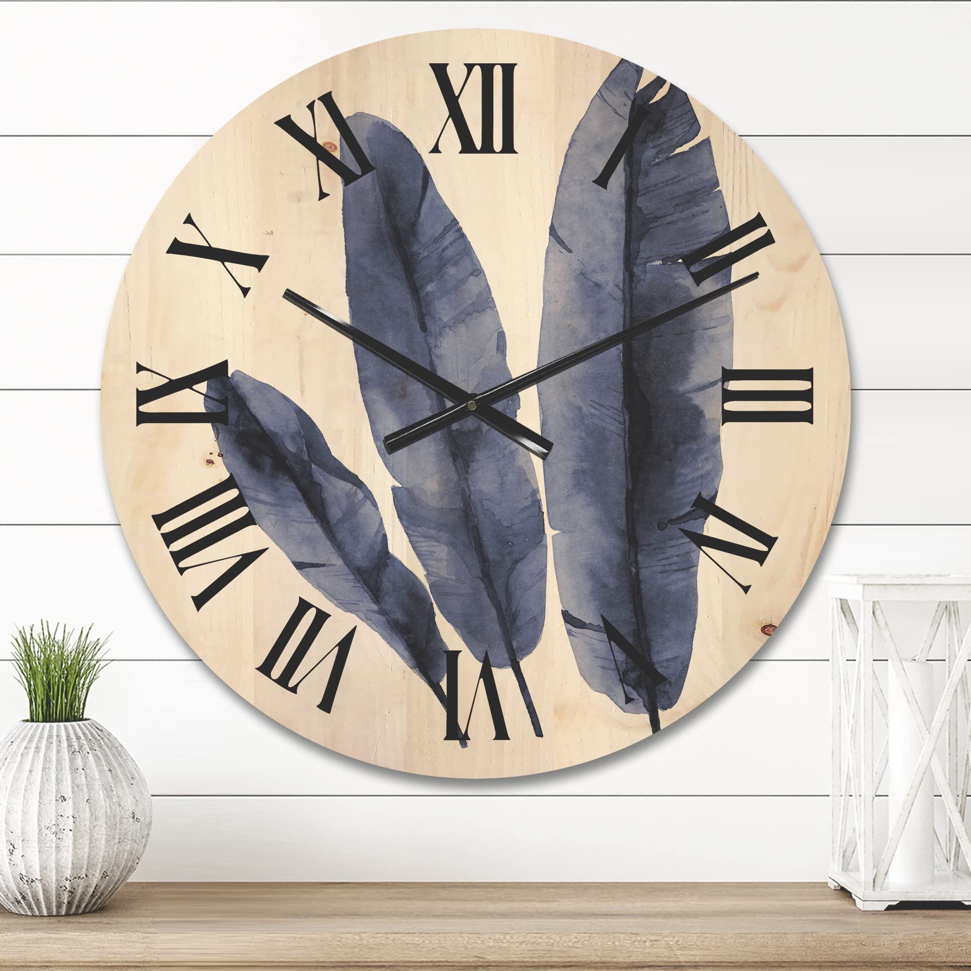 Navy Blue Tropical Banana Leaves Wall Clock - Large Decorative Wooden Floral Botanical Clock for Living Room, Bedroom & Office Décor | Perfect for Beach House, Boho & Tropical Home Decor