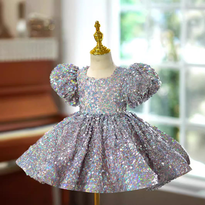 Elegant Baby Silver Sequin Puff Sleeve Dress for Toddlers - Perfect for Prom, Birthday Party, and Special Occasions