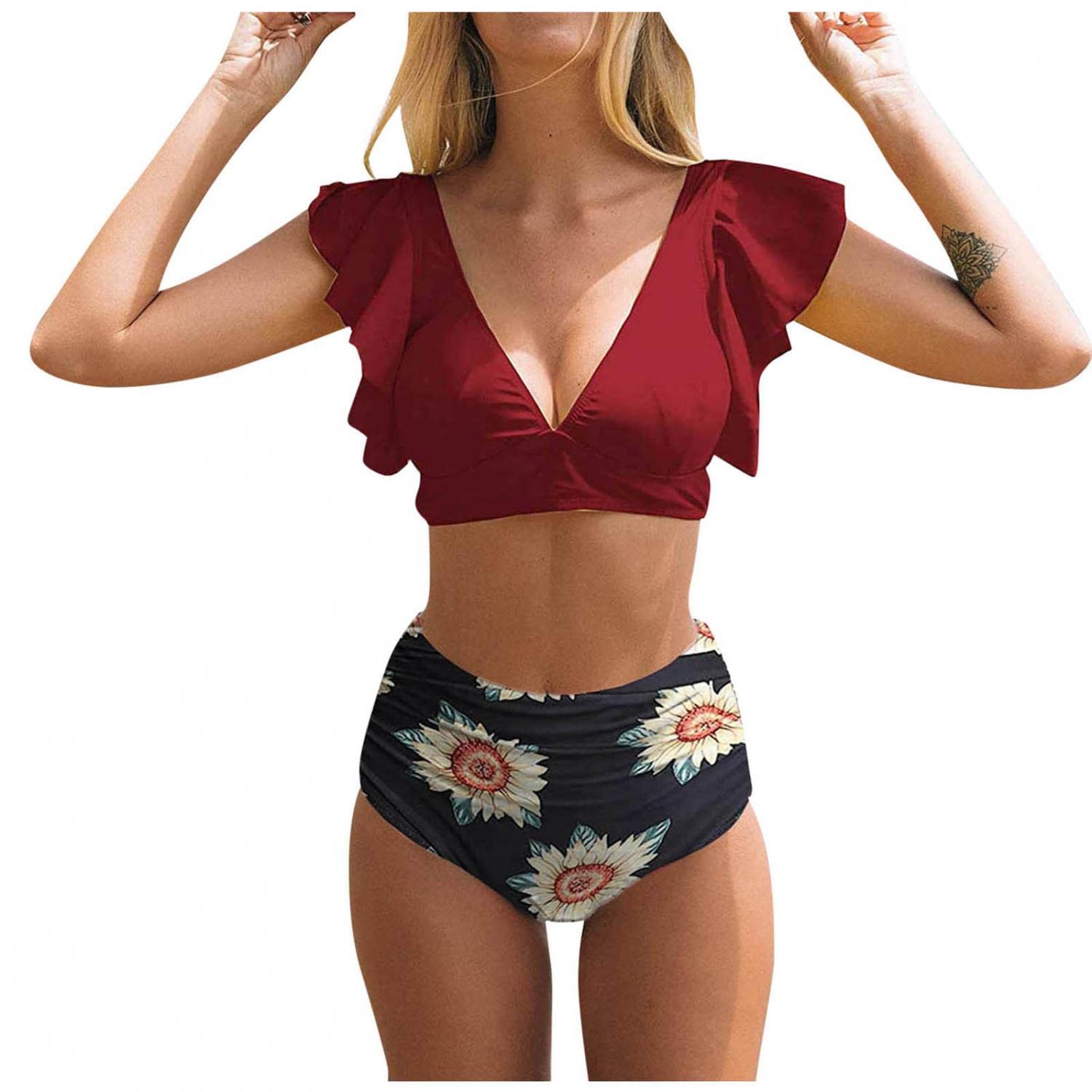 **AODONG Women's High Waist Push Up Tankini Bikini Set - Ruffled Two Piece Swimwear for Beach, Pool & Vacation**