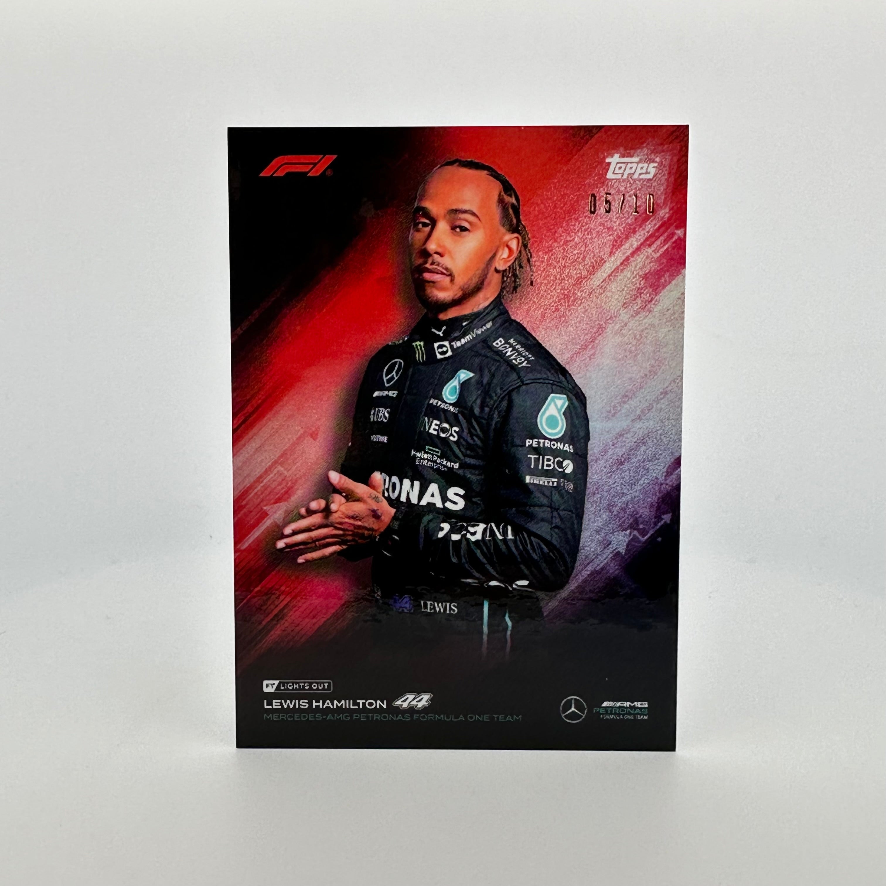 2022 Topps Lights Out Lewis Hamilton #5/10 Red - Rare F1 Racing Card for Collectors & Fans - Perfect for Display, Trading, and Memorabilia Collections