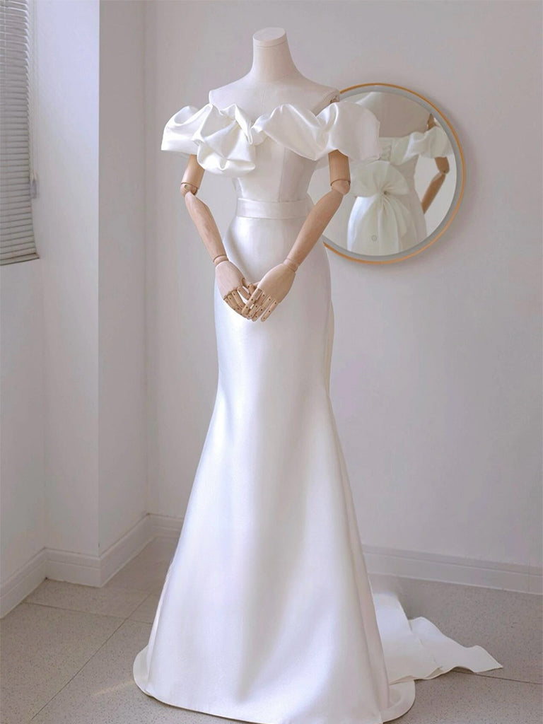 Elegant A-Line Off Shoulder Satin White Long Prom Dress for Women - Perfect for Formal Events, Evening Parties & Wedding Guest Attire