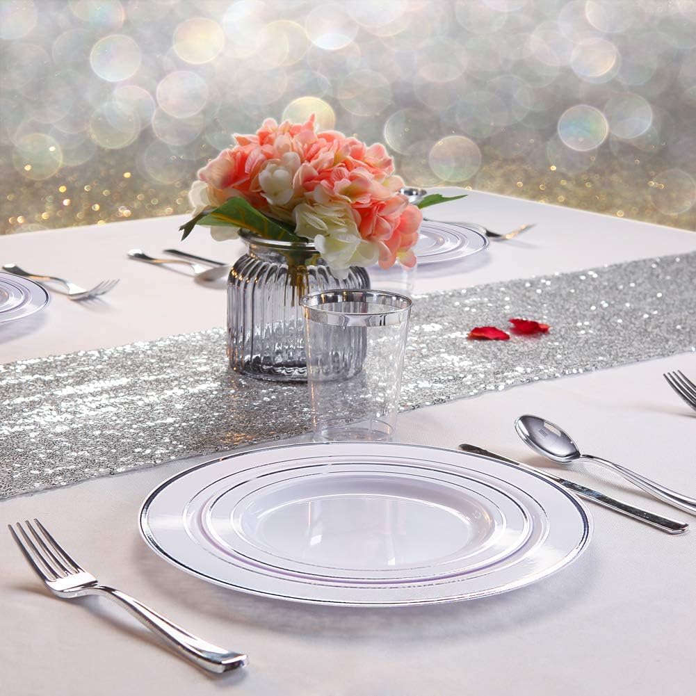 150-Piece Silver Plastic Disposable Dinnerware Set - Includes 25 Dinner Plates, 25 Salad Plates, 25 Forks, 25 Knives & 25 Spoons with 25 Napkins - Perfect for Parties, Catering & Outdoor Events