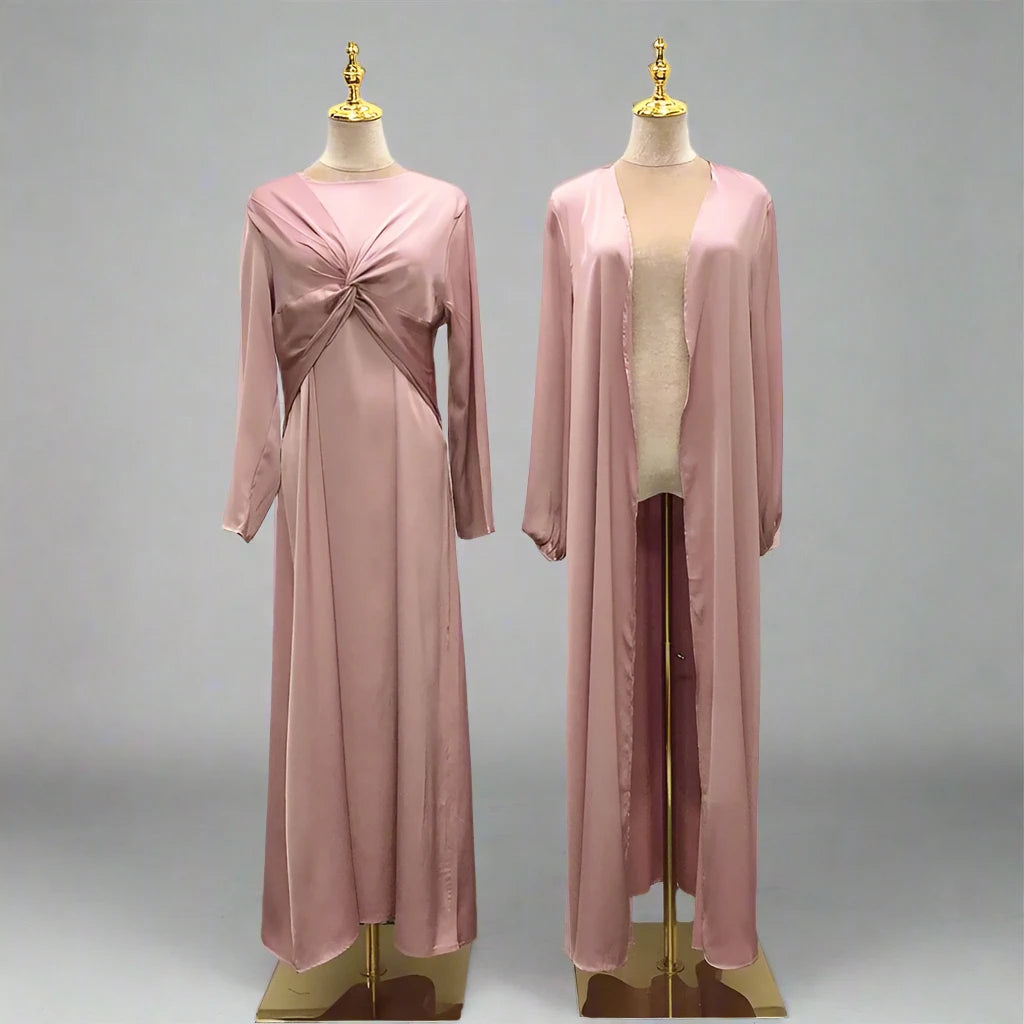 3-Piece Satin Open Abaya Dress Set for Muslim Women - Elegant Prayer Dress for Mosque, Eid & Special Occasions