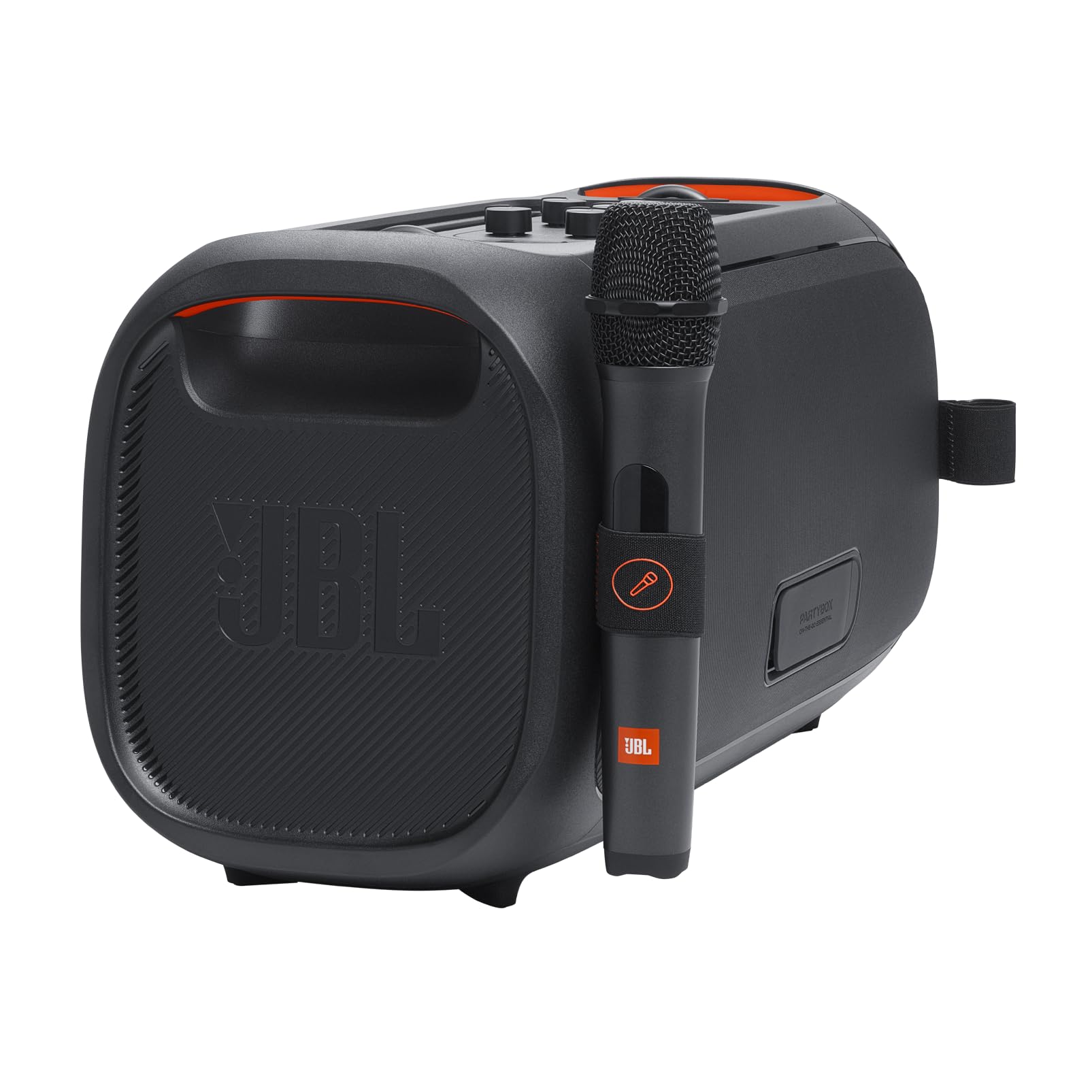 JBL PartyBox On-The-Go Essential - Portable Bluetooth Party Speaker with Built-in LED Lights & Wireless Mic | Pro Sound Quality, IPX4 Water Resistant, 6-Hour Battery Life, Shoulder Strap | Perfect for Outdoor Parties, Beach Trips & Camping