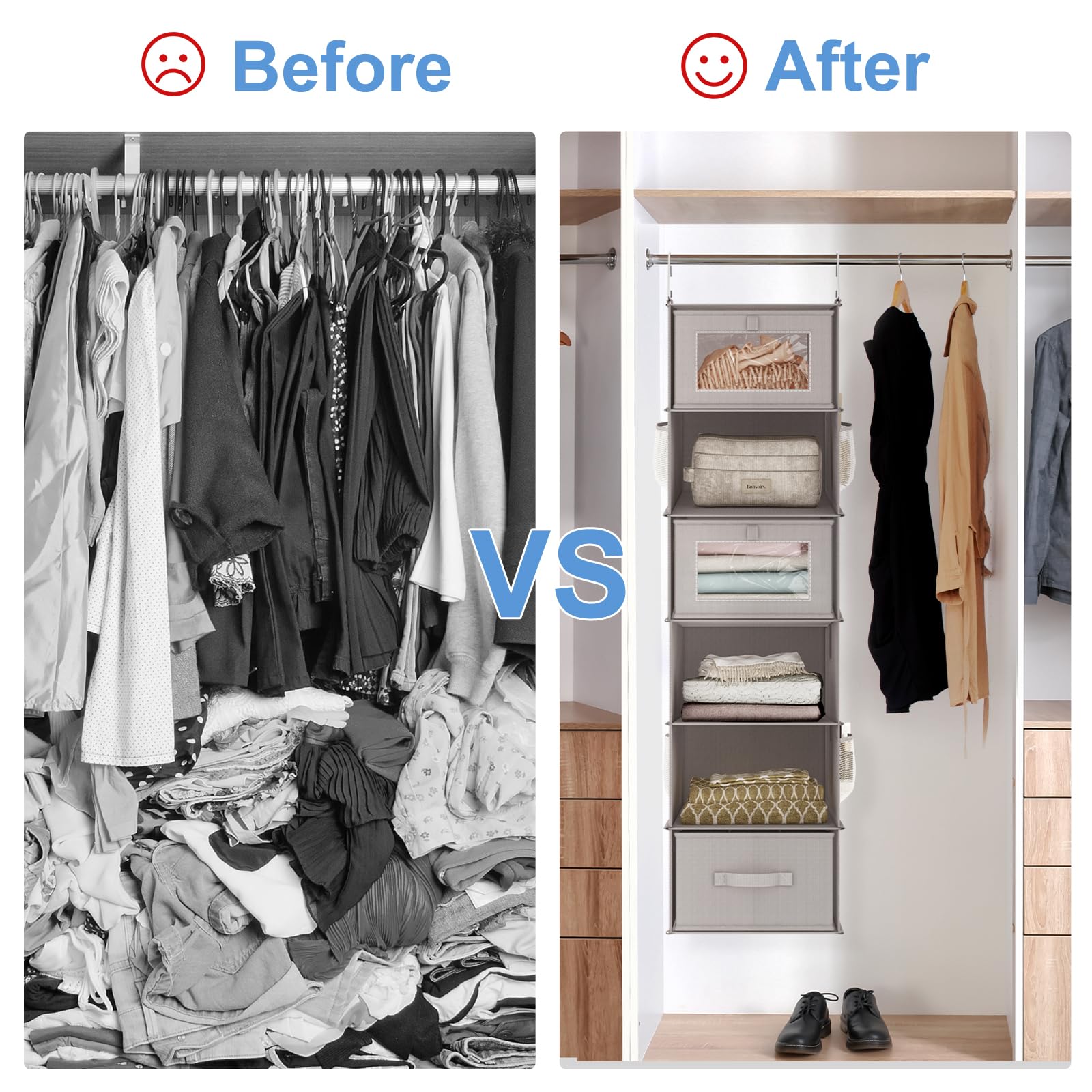Fixwal 6-Tier Hanging Closet Organizer with 3 Drawers - Space Saving Shelves for Clothes, Shoes & Accessories - Perfect for Bedroom, Dorm & Small Space Organization (1 Pack, Gray) - Ideal for Maximizing Closet Space and Keeping Wardrobes Neat