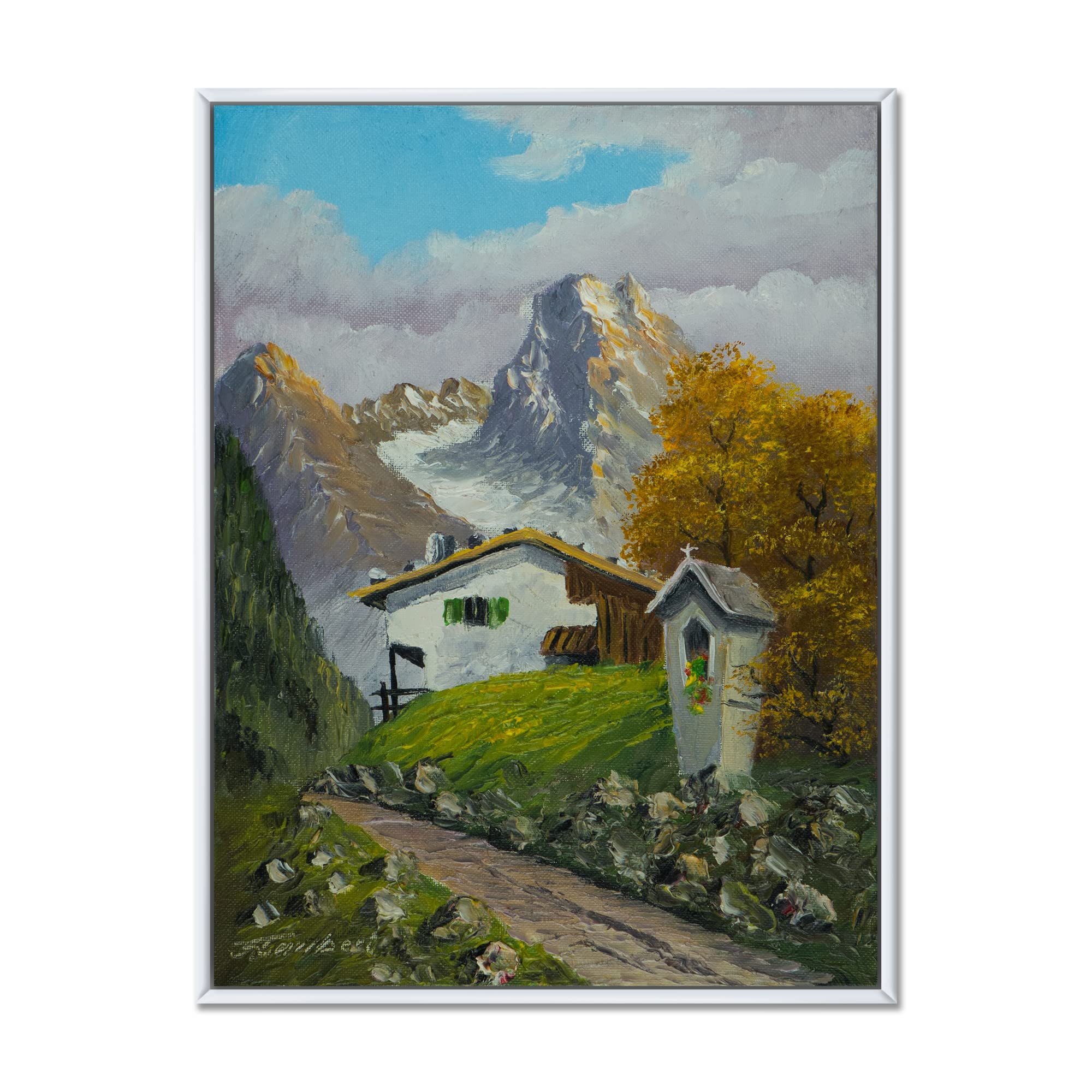 Farmhouse Framed Canvas Wall Art Print - Wayside Shrine Landscape Painting for Home & Office Decor | Perfect for Living Room, Bedroom or Country Style Interior Design