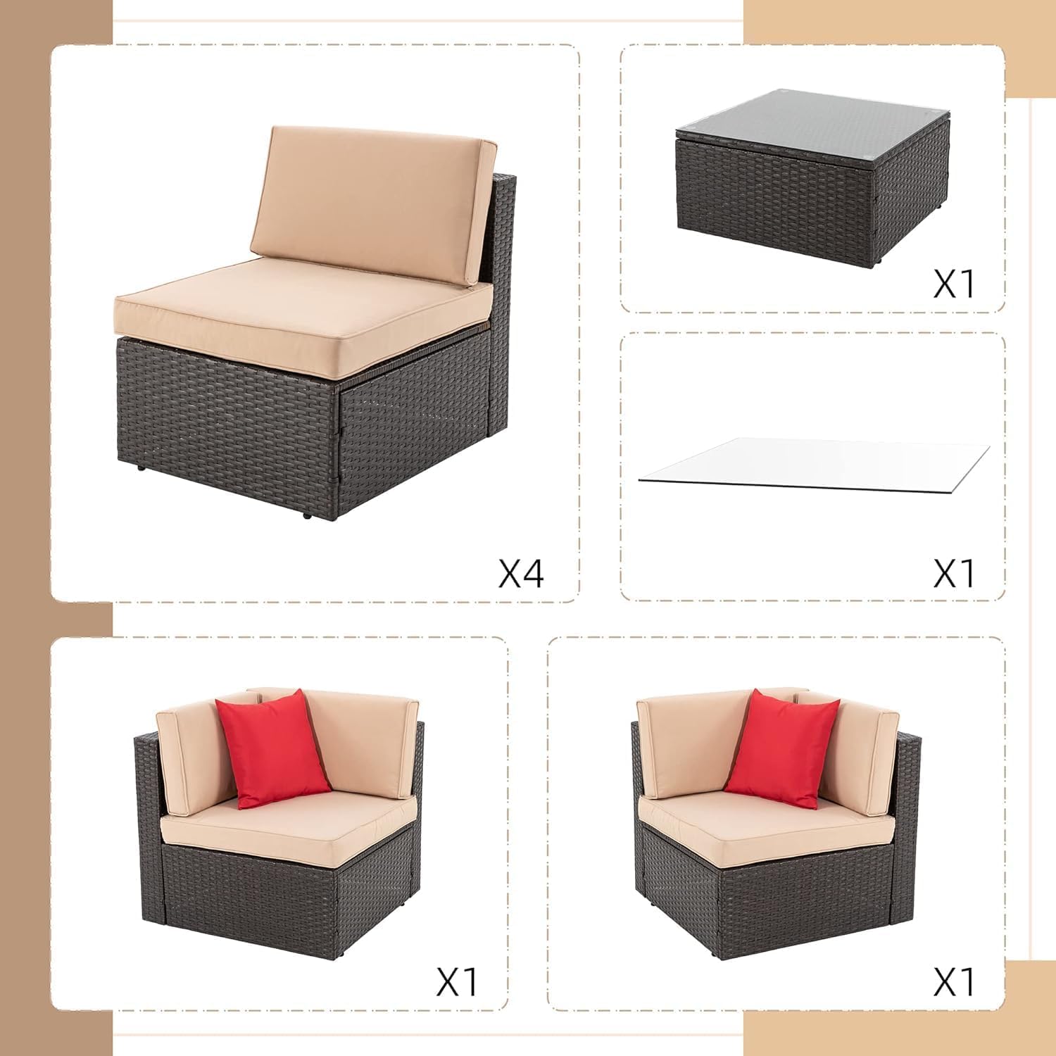 Shintenchi 7-Piece All-Weather Outdoor Patio Furniture Set - PE Rattan Wicker Sectional Sofa with Glass Table, Ottoman, Cushions & Red Pillows - Neutral Color for Backyard, Garden, Poolside or Deck Relaxation