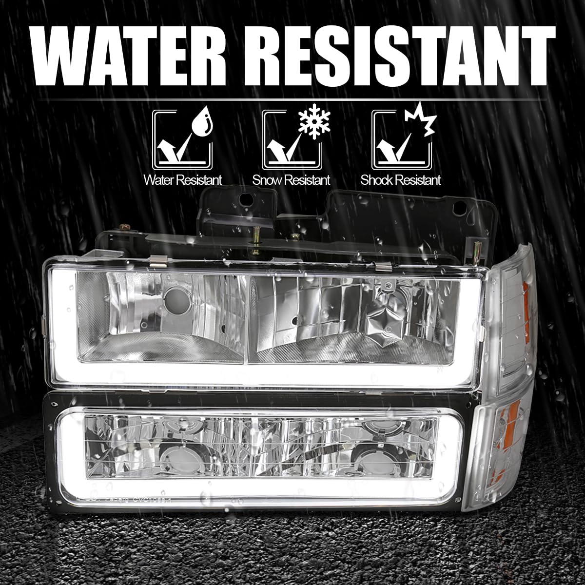 Spec-D Tuning Chrome LED Bar Headlights with Bumper & Corner Lights - Compatible with 1994-1998 GMC C10 C/K Suburban Sierra - Left & Right Pair Headlamp Assembly - Upgrade for Off-Road & Night Driving Visibility