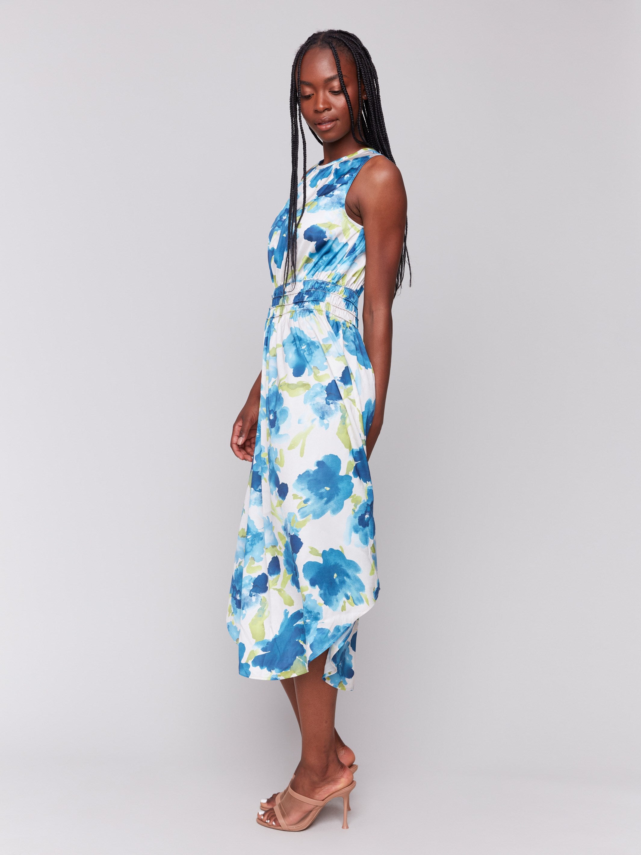 Printed Sleeveless Flowy Satin Dress in Lime - Elegant Summer Party & Beach Wedding Guest Outfit