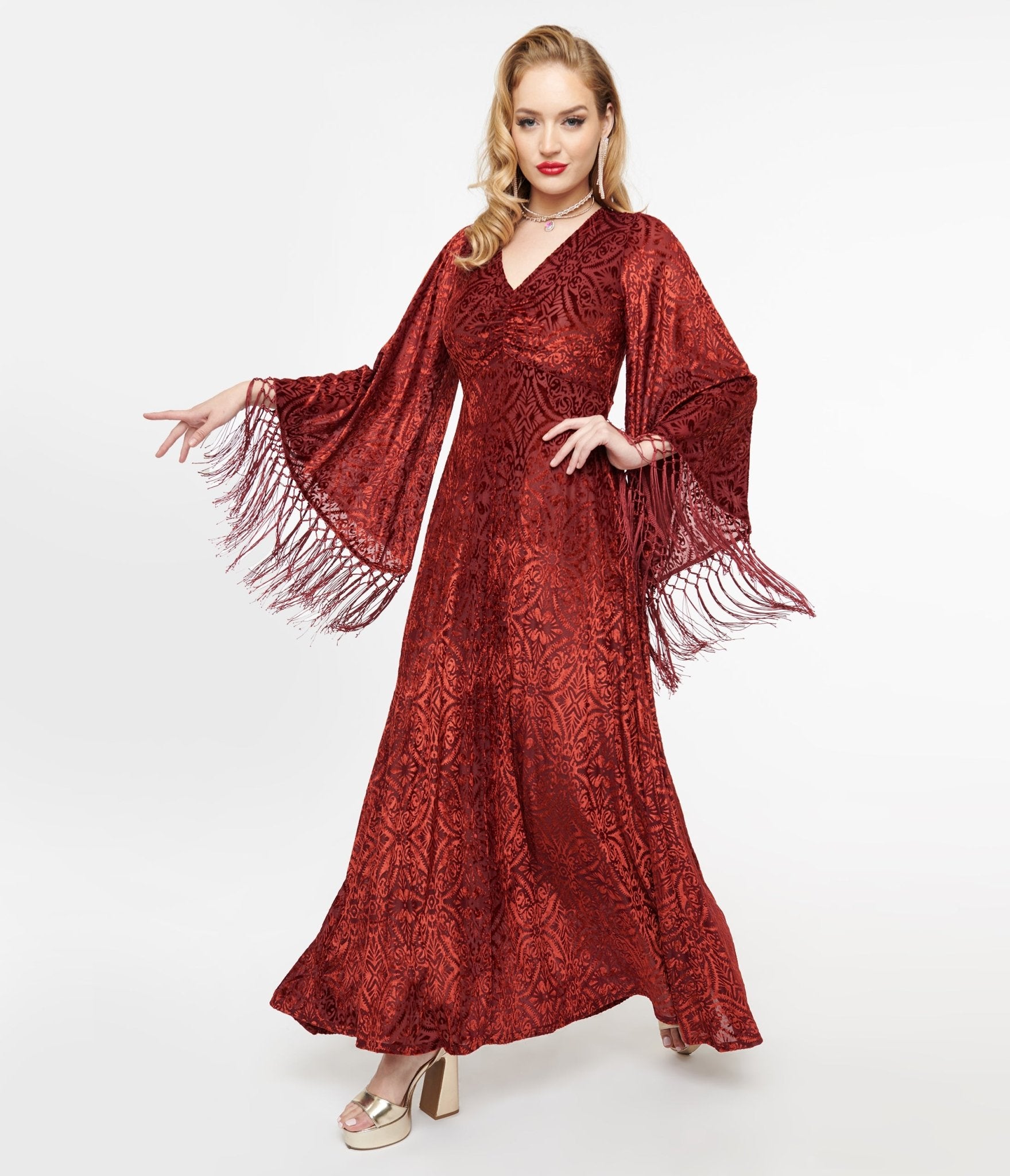 Smak Parlour 1970s Vintage Burgundy Velvet Burnout Fringe Sleeve Stevie Maxi Dress - Retro Boho Evening Gown for Parties, Concerts & Special Occasions
