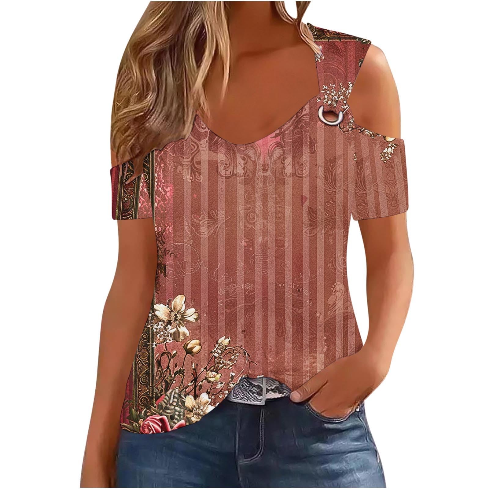 Plus Size Women's Floral Cold Shoulder Blouse - Casual Short Sleeve Tunic Top for Summer | Trendy Sexy Flowy Shirt for Beach, Vacation & Date Nights