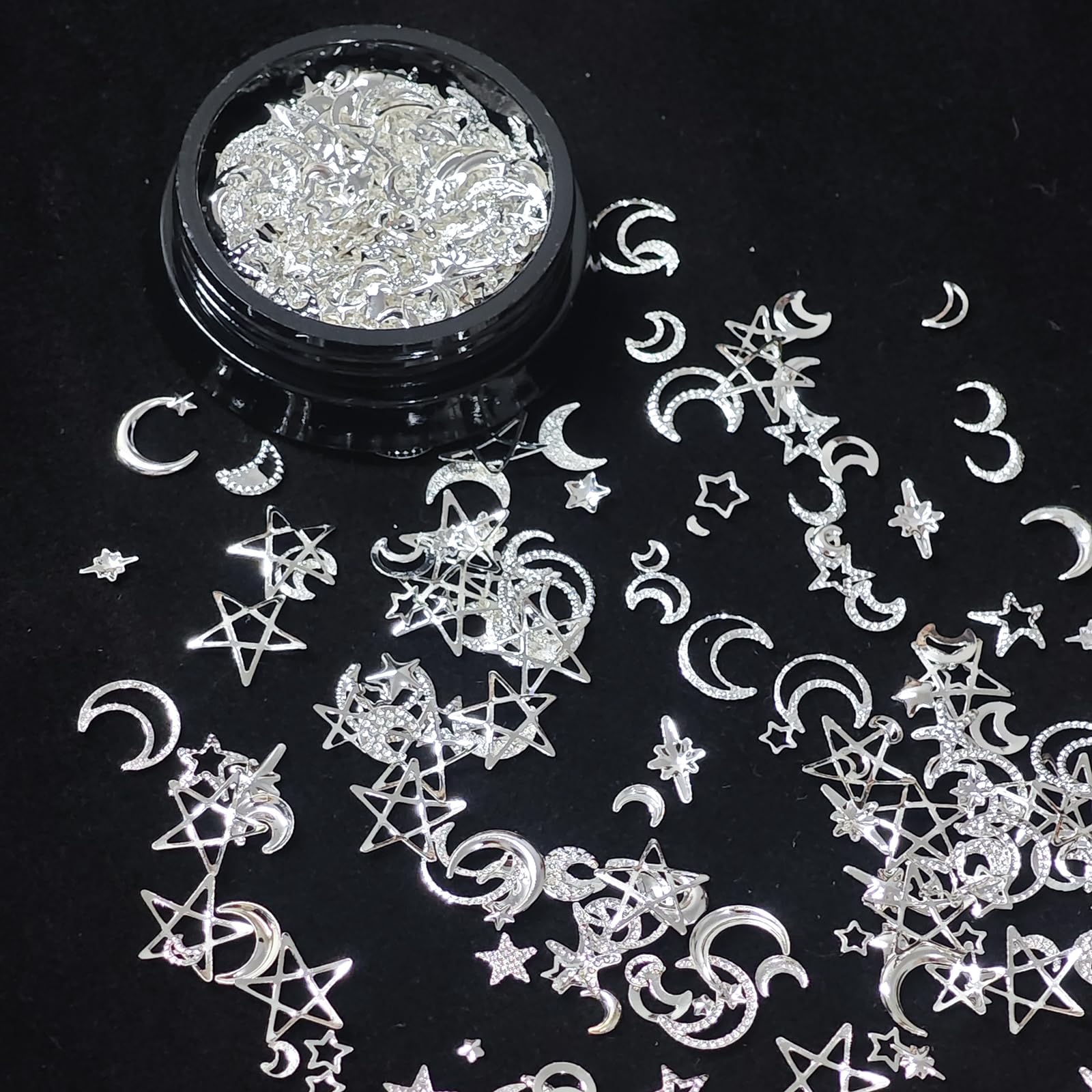 HYWWPFLA Silver 3D Nail Charms - Mixed Size Star & Moon Metal Studs for DIY Nail Art | Manicure Decoration Accessories | Perfect for Nail Salons, Home Manicures & Creative Nail Designs