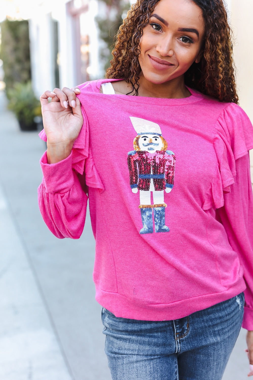 Festive Hot Pink Sequin Nutcracker Christmas Sweater with Ruffle Hacci Knit - Perfect for Holiday Parties, Ugly Sweater Contests & Winter Gatherings