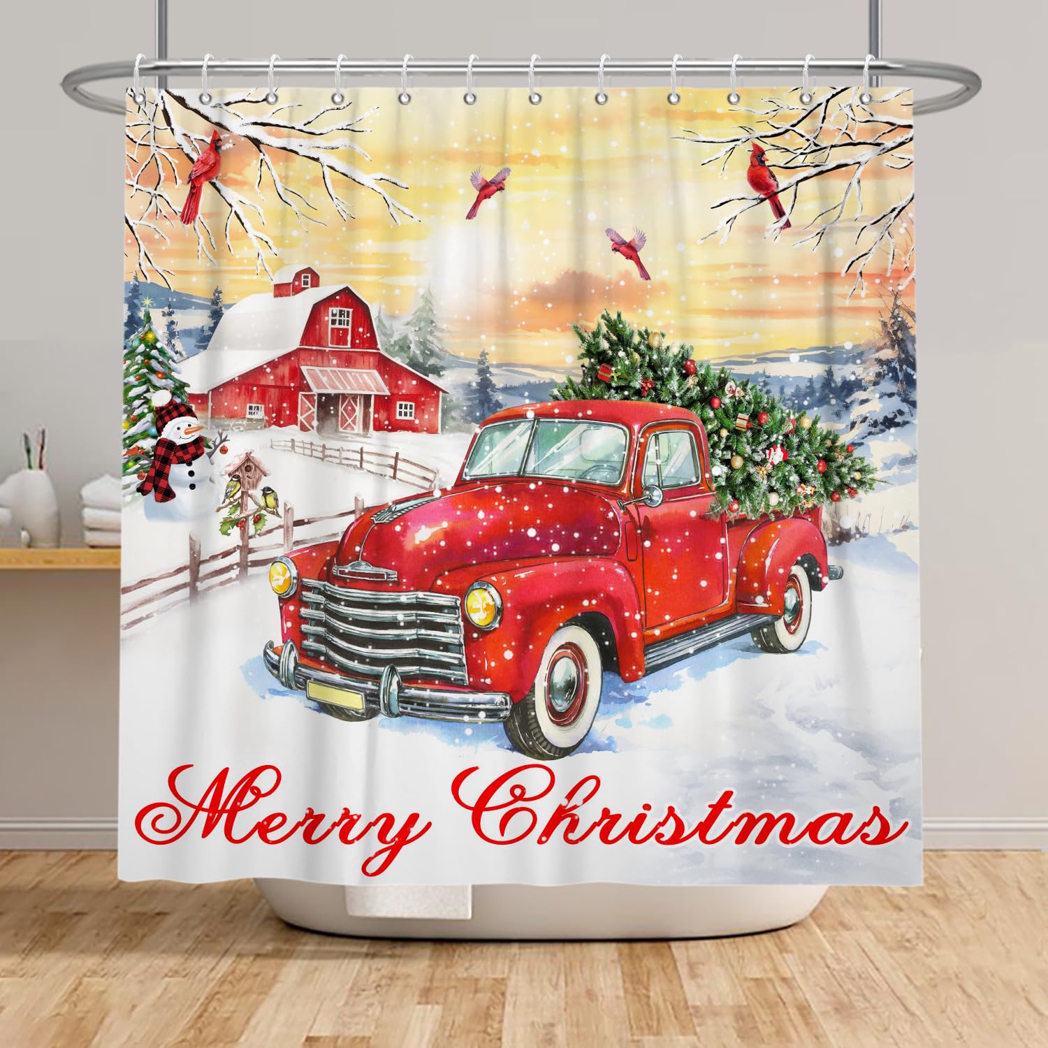 Red Truck Farmhouse Christmas Shower Curtain Set - 72x72 Inch Holiday Bathroom Decor with Snowman, Xmas Tree & Winter Mountain Design - Includes 12 Hooks for Cozy Cabin, RV or Apartment Bathroom